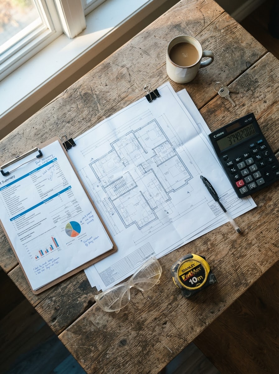Investor desk with plans and tools