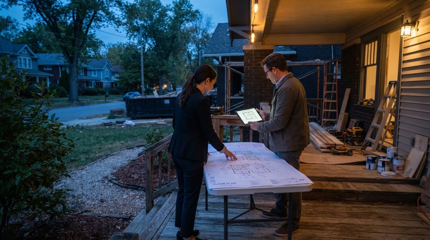 Investors reviewing project plans at a renovation site