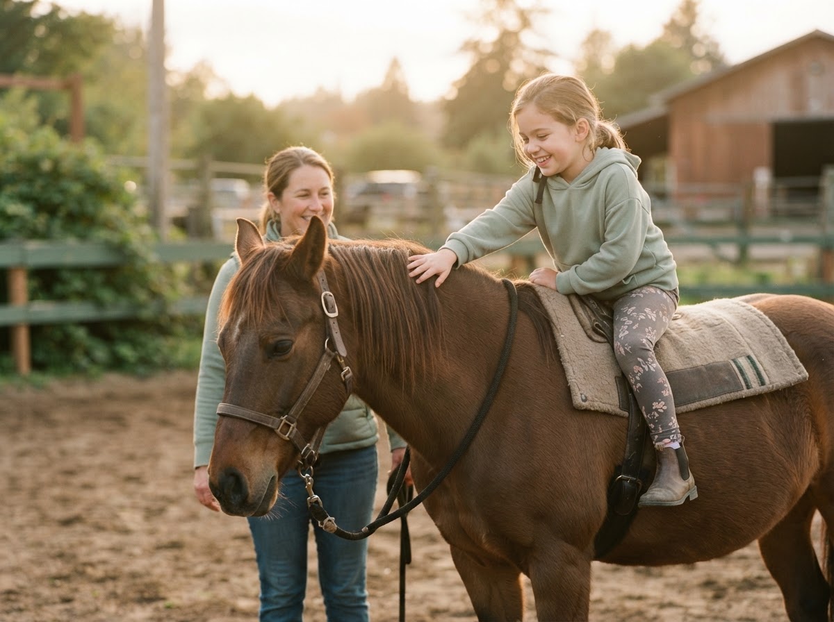 A child smiling while petting a calm therapy horse