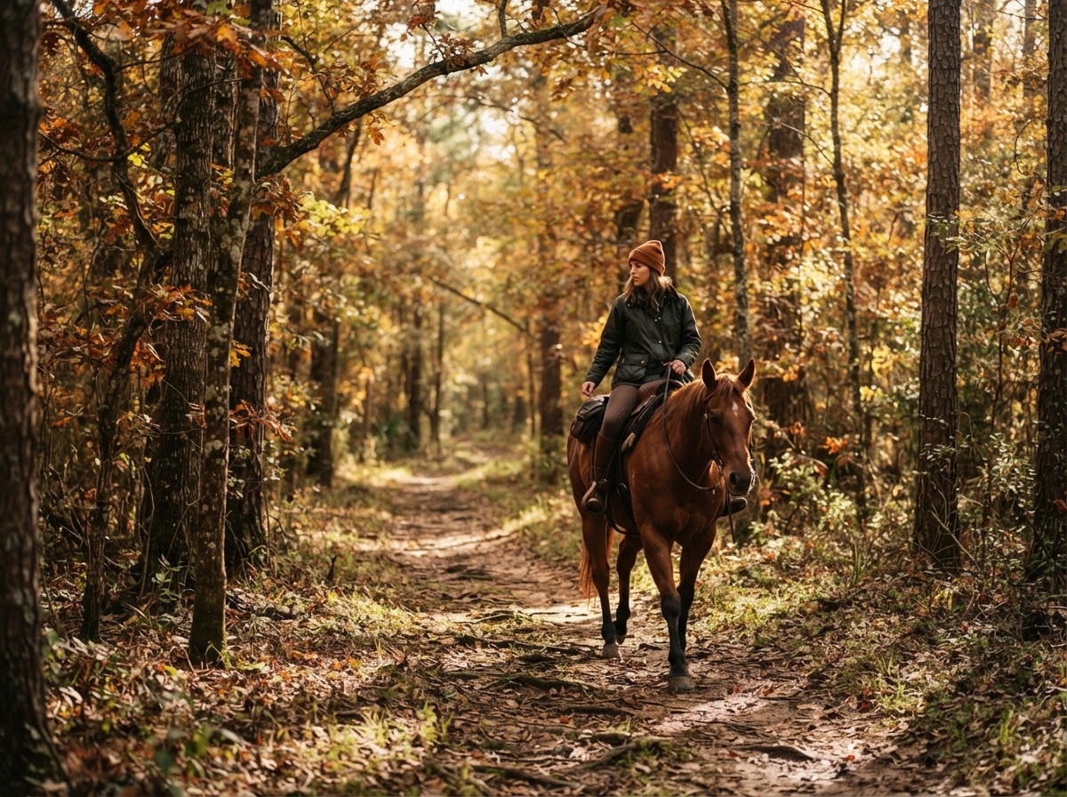 A rider on a wooded Louisiana trail