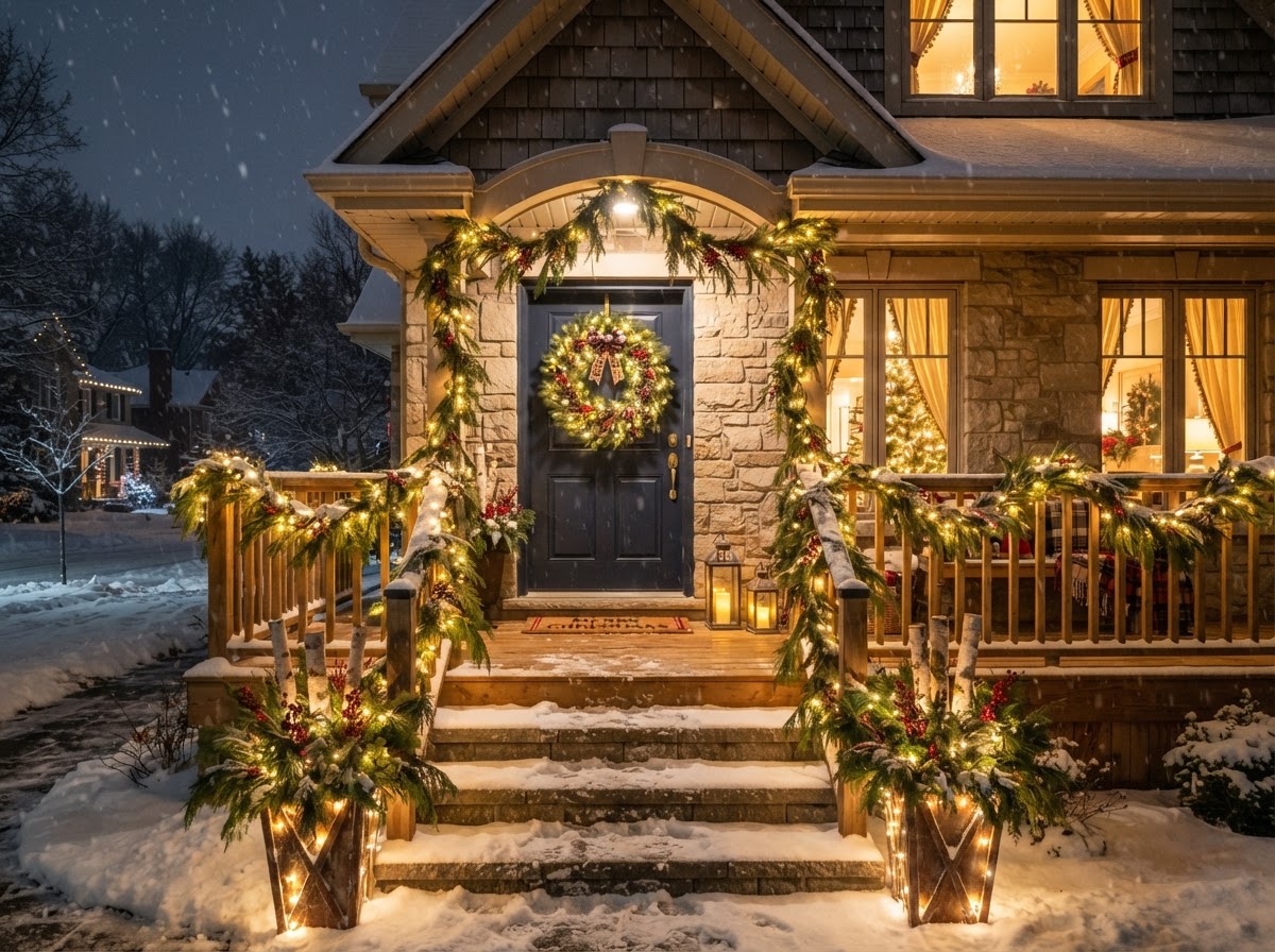 Christmas lights front porch decor — a cozy residential front porch with a warm wreath, garland, and warm white lights at night