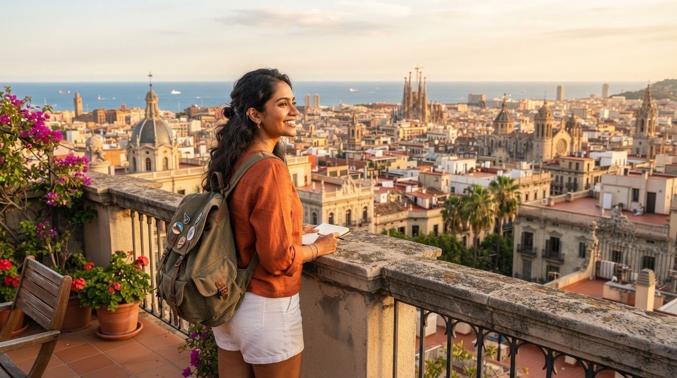A traveler looking out over a Spanish coastal city skyline at golden hour