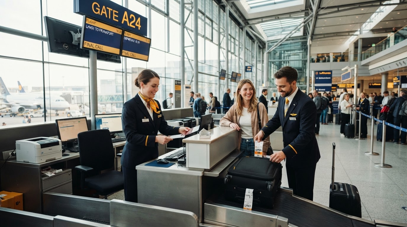 Airport ground staff handling check-in and baggage at a modern departure counter