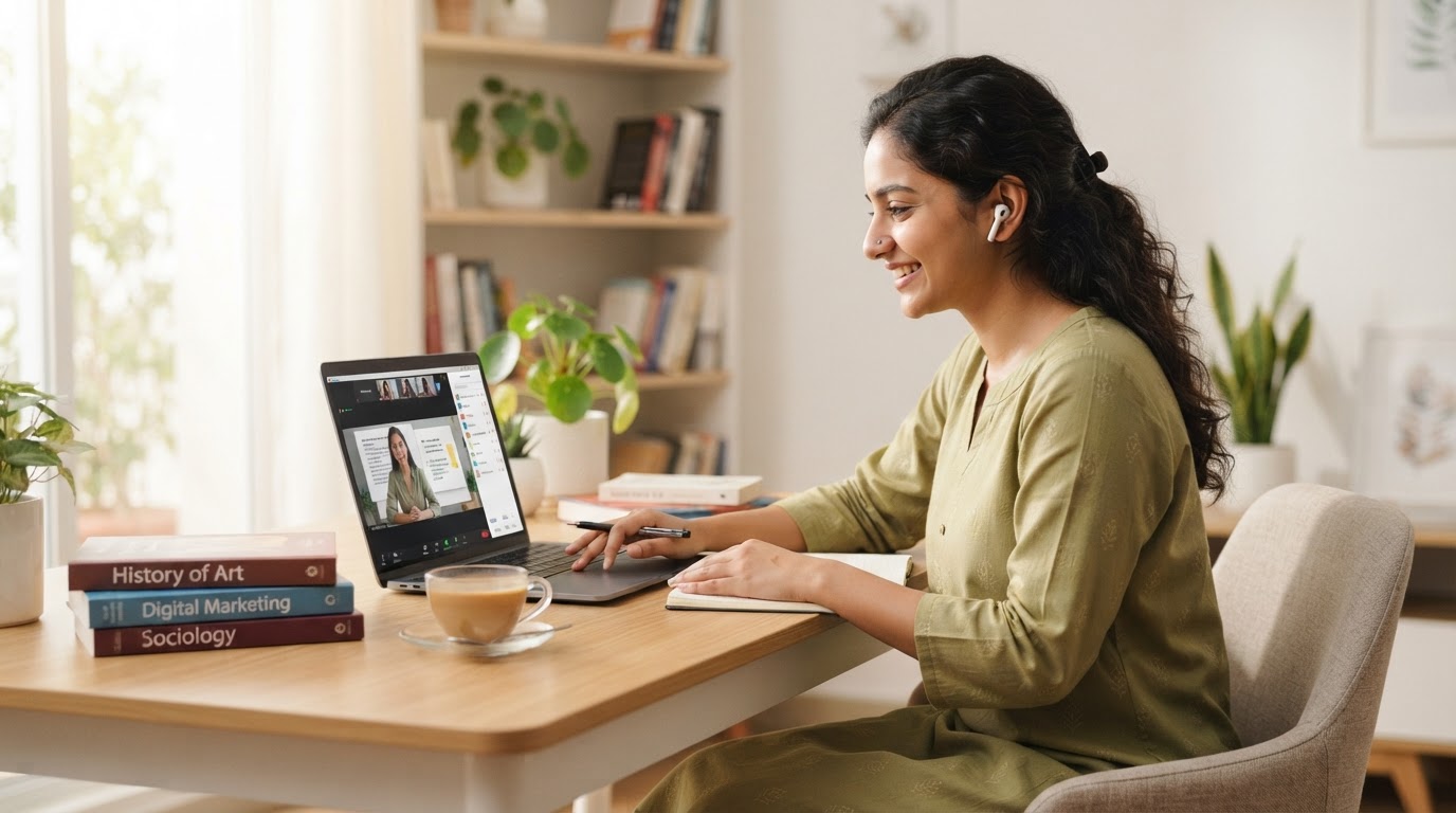 An Indian student studying for an online degree on a laptop at home with books and a coffee cup