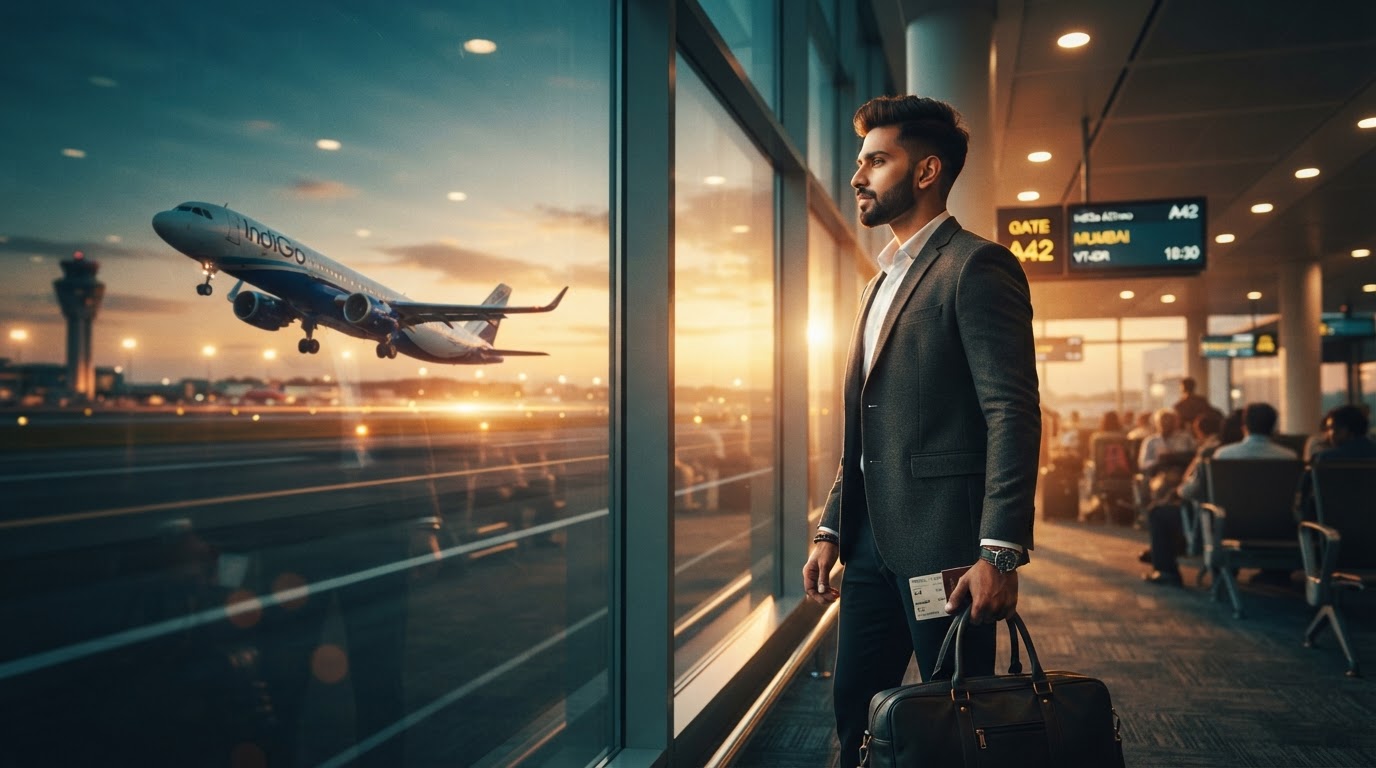 A traveler looking out at a sunlit airport runway, ready to start a new chapter abroad