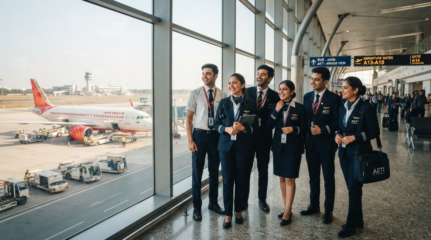 Aviation training students in uniform inside a bright modern airport terminal with an aircraft visible through the glass