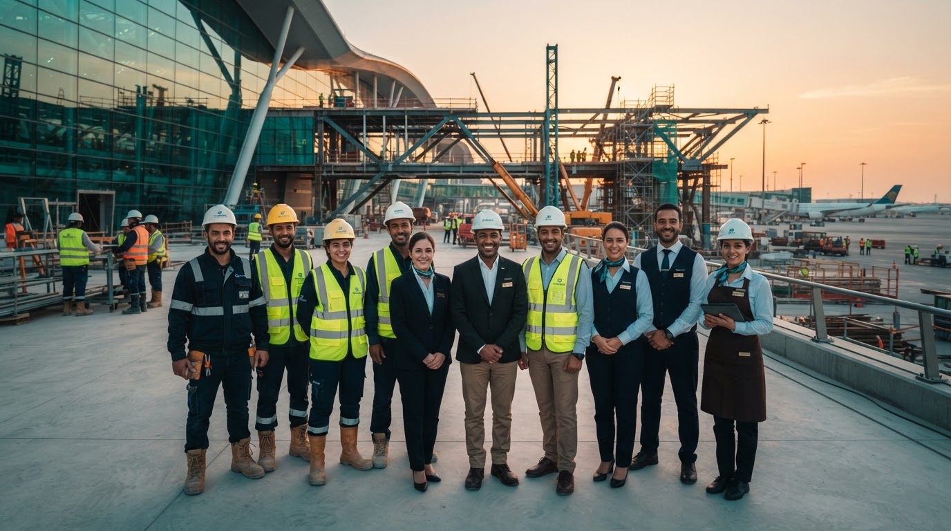 Skilled workers in uniform at a modern international job site at golden hour