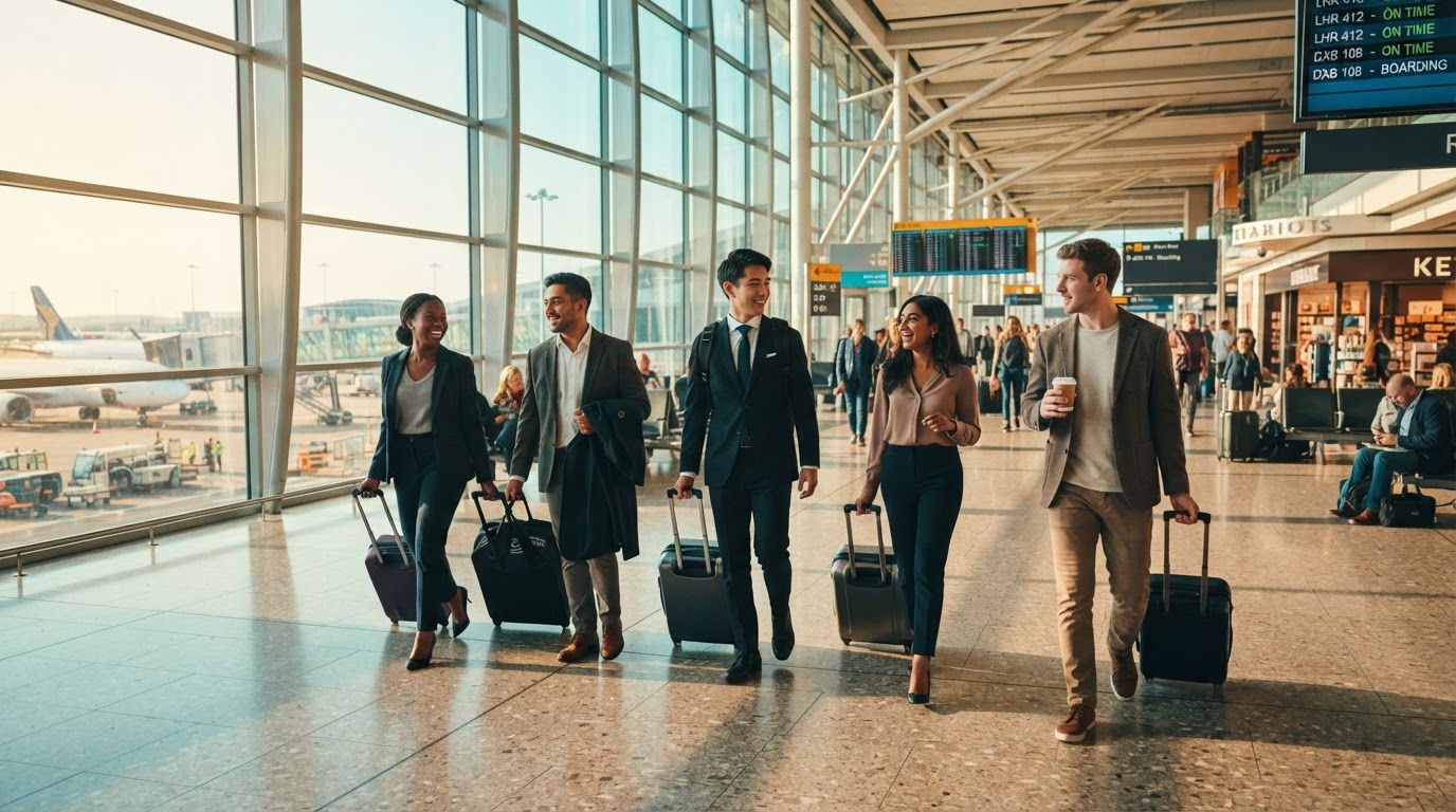 Young professionals walking confidently through a bright international airport terminal