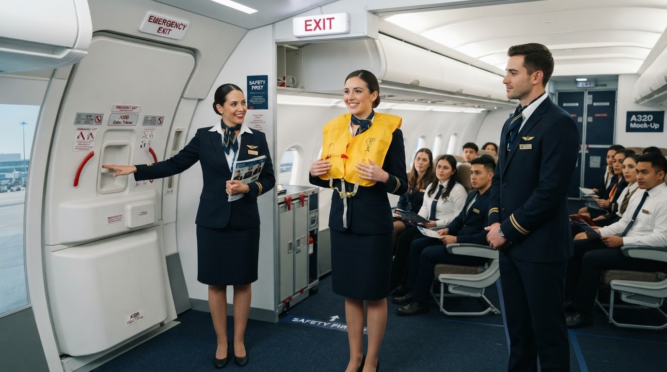 Cabin crew trainees practising in-flight service inside a modern aircraft cabin mock-up