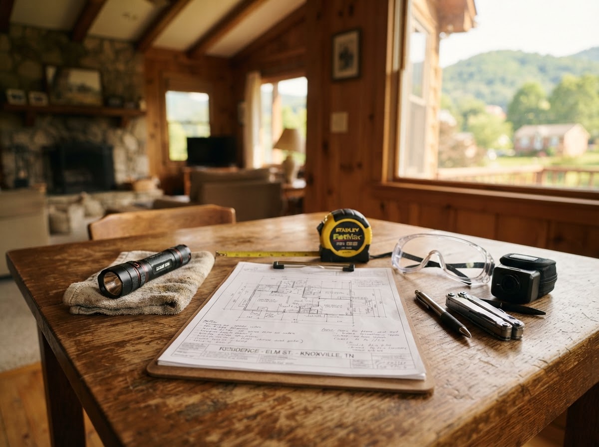 A general contractor and home inspector's tools — clipboard, measuring tape, and flashlight on a workbench