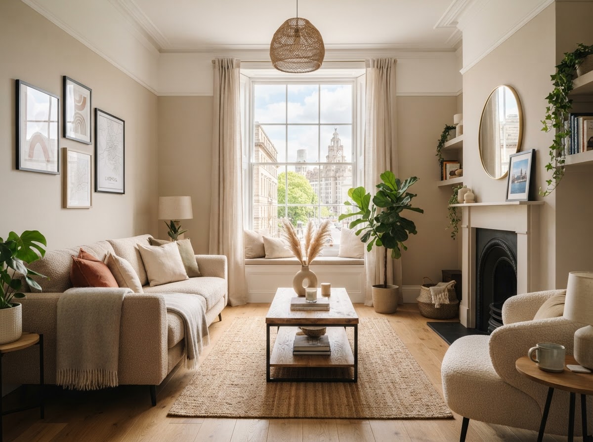 Well-presented Liverpool short-let living room styled for guests