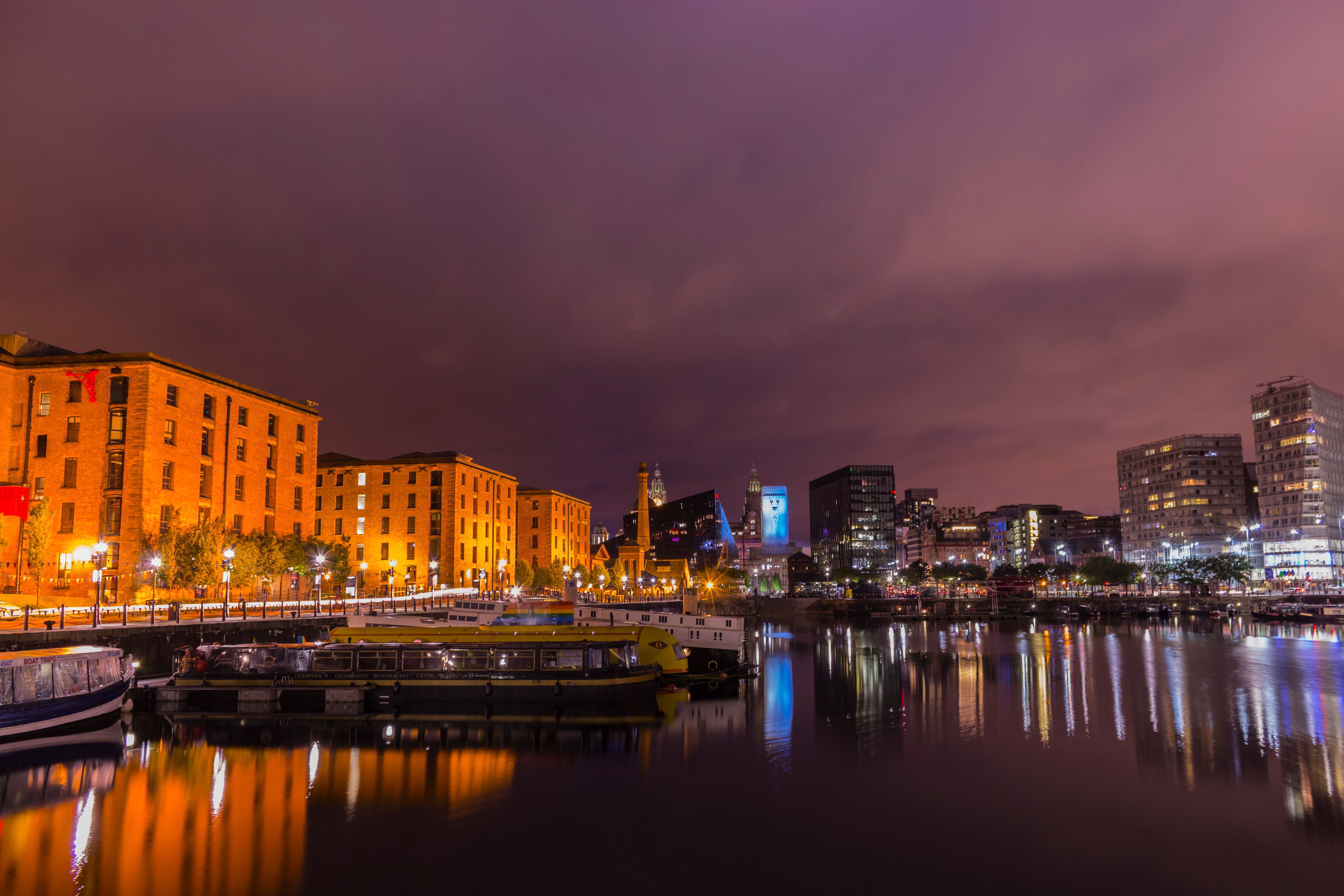 Liverpool Royal Albert Dock and waterfront illuminated at twilight