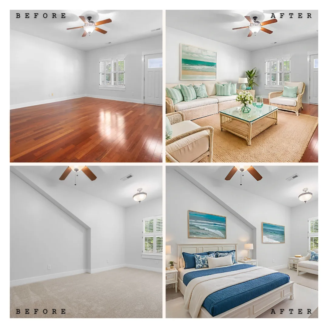 Before and after virtual staging comparisons of vacant living room and primary bedroom staged with coastal furniture