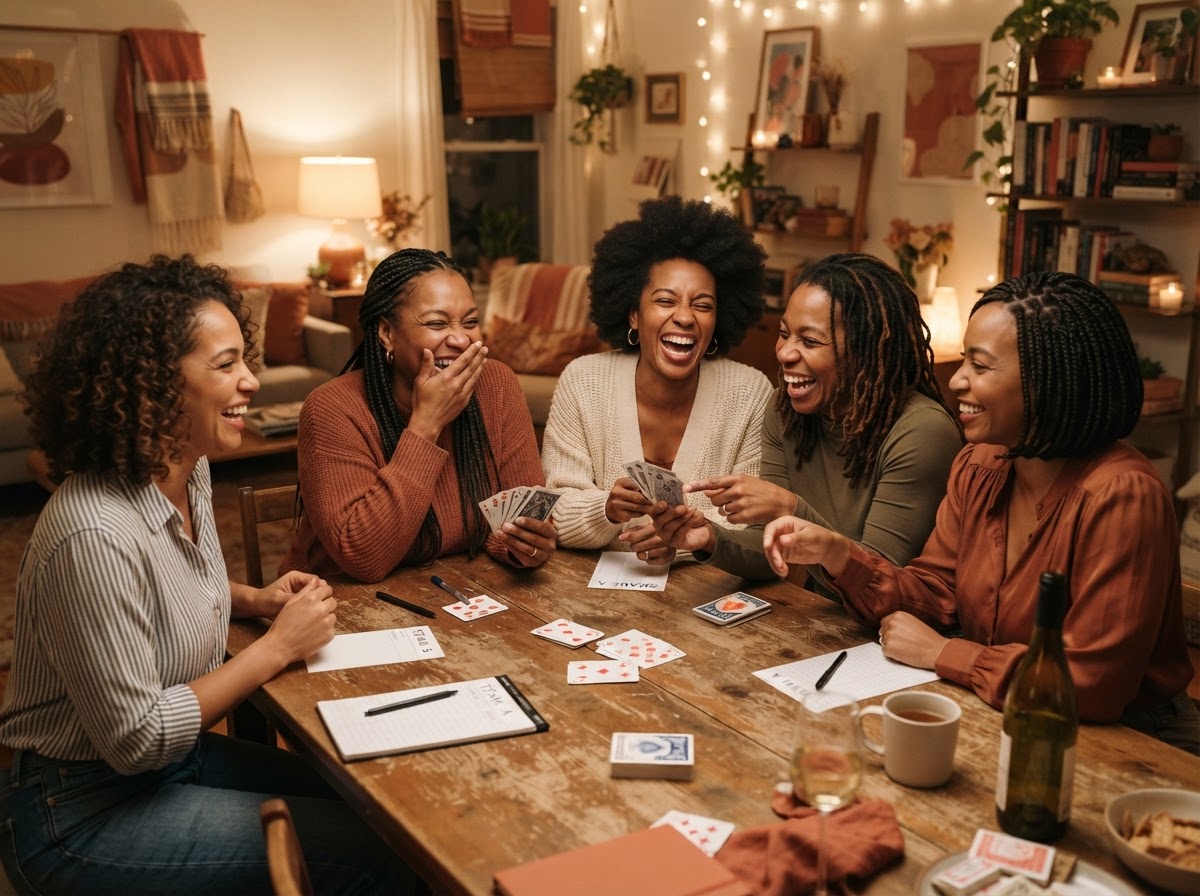 Black women playing cards together at a table, laughing.