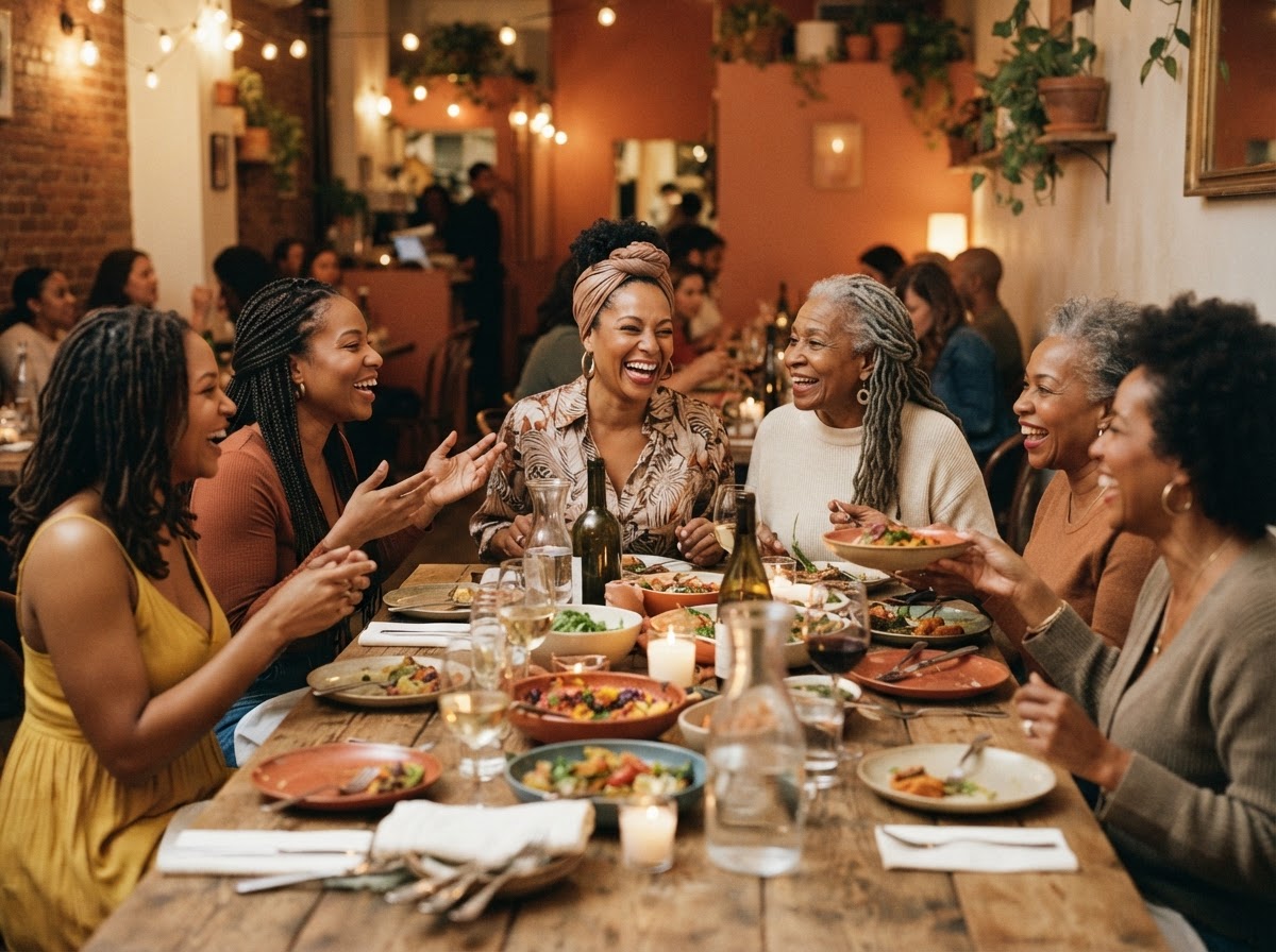 A group of Black women of varying ages gathered around a long dinner table.