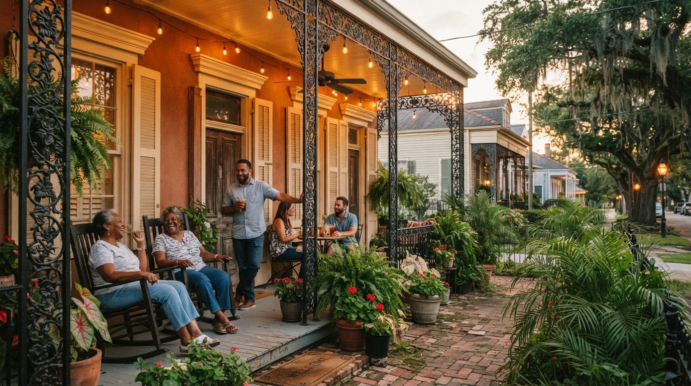 A welcoming New Orleans front porch with rocking chairs and historic Creole architecture in warm evening light.