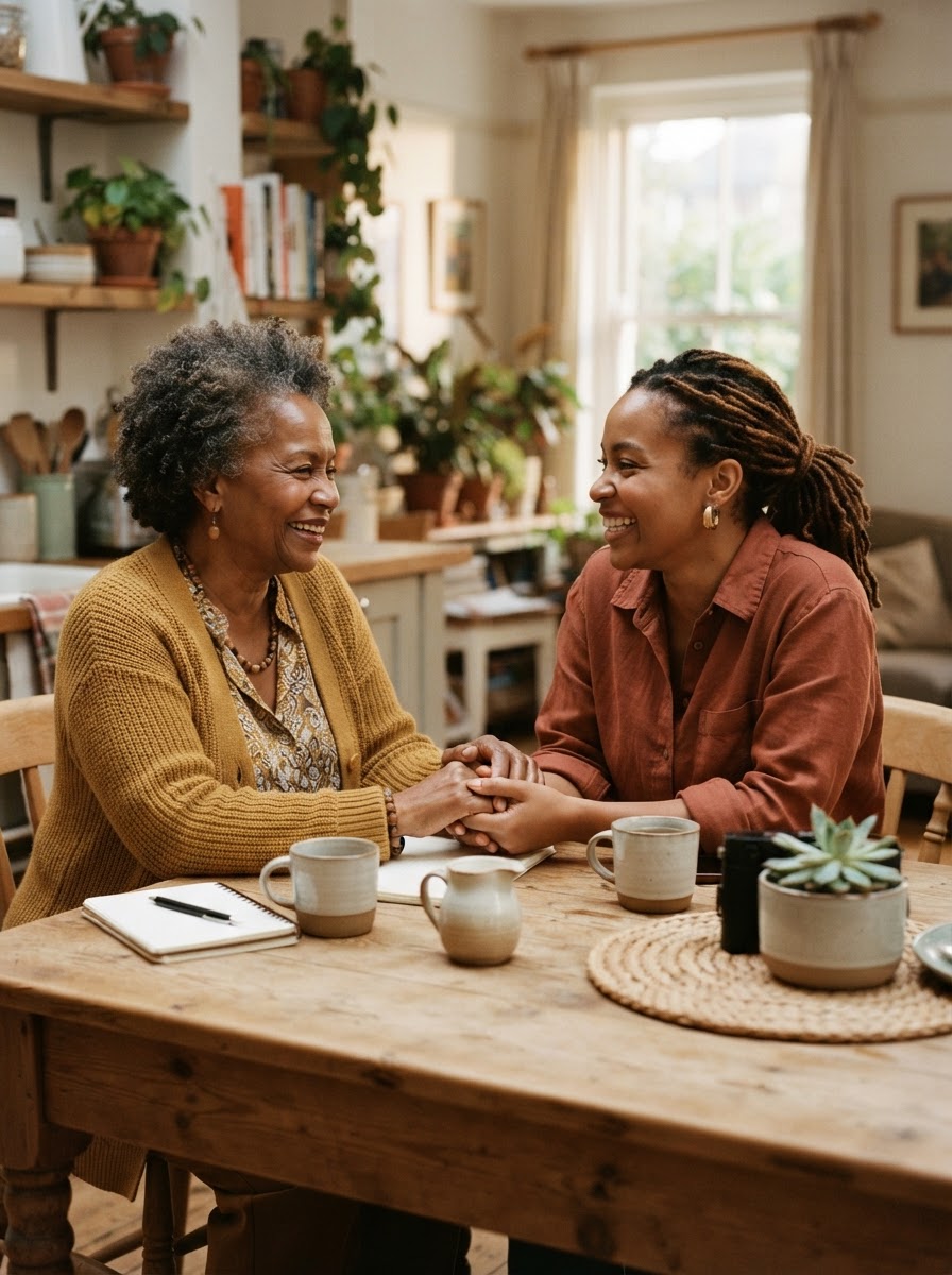 An older Black woman and a younger Black woman sitting together in warm conversation.