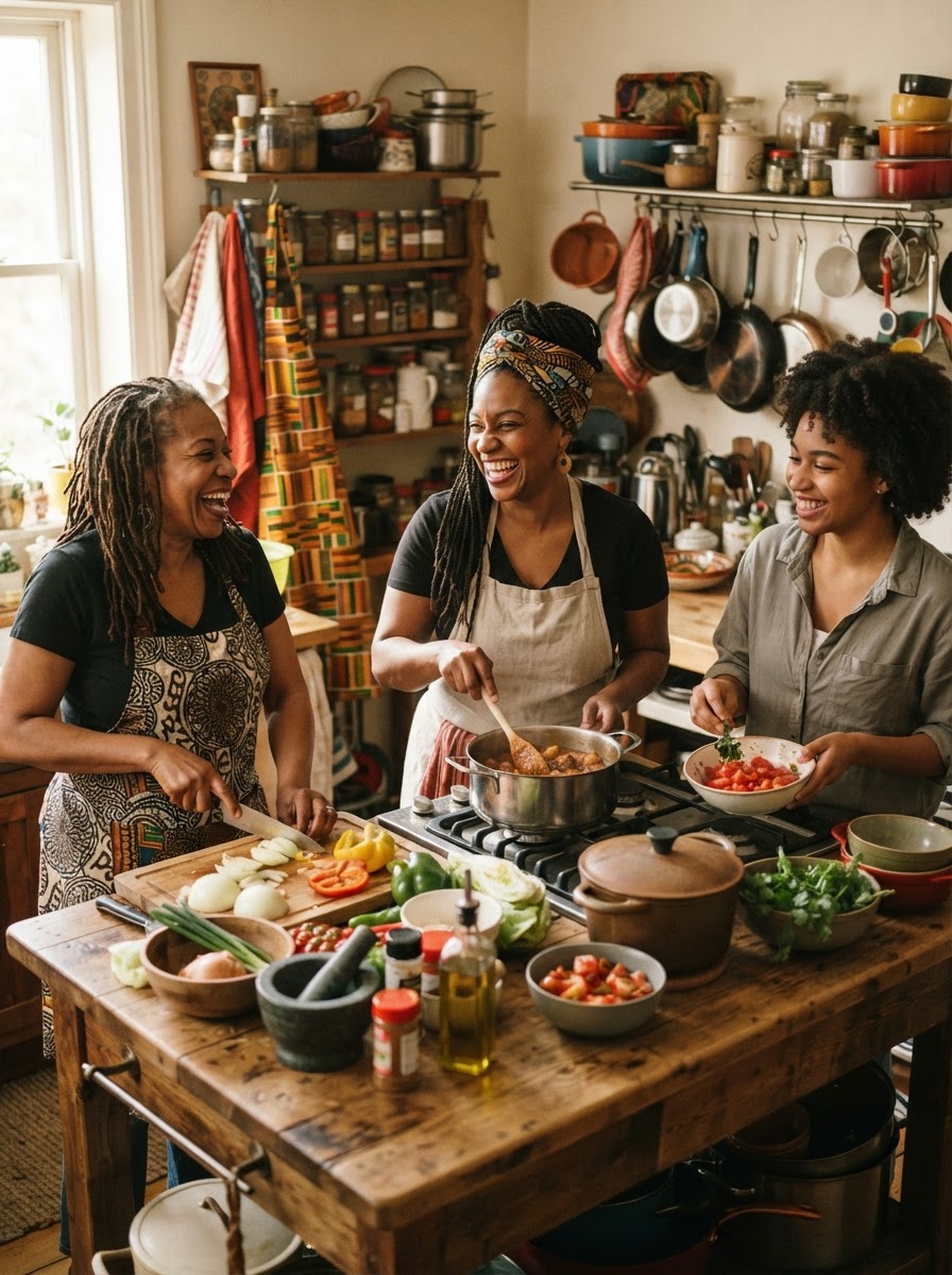 Black women cooking together in a warm kitchen.