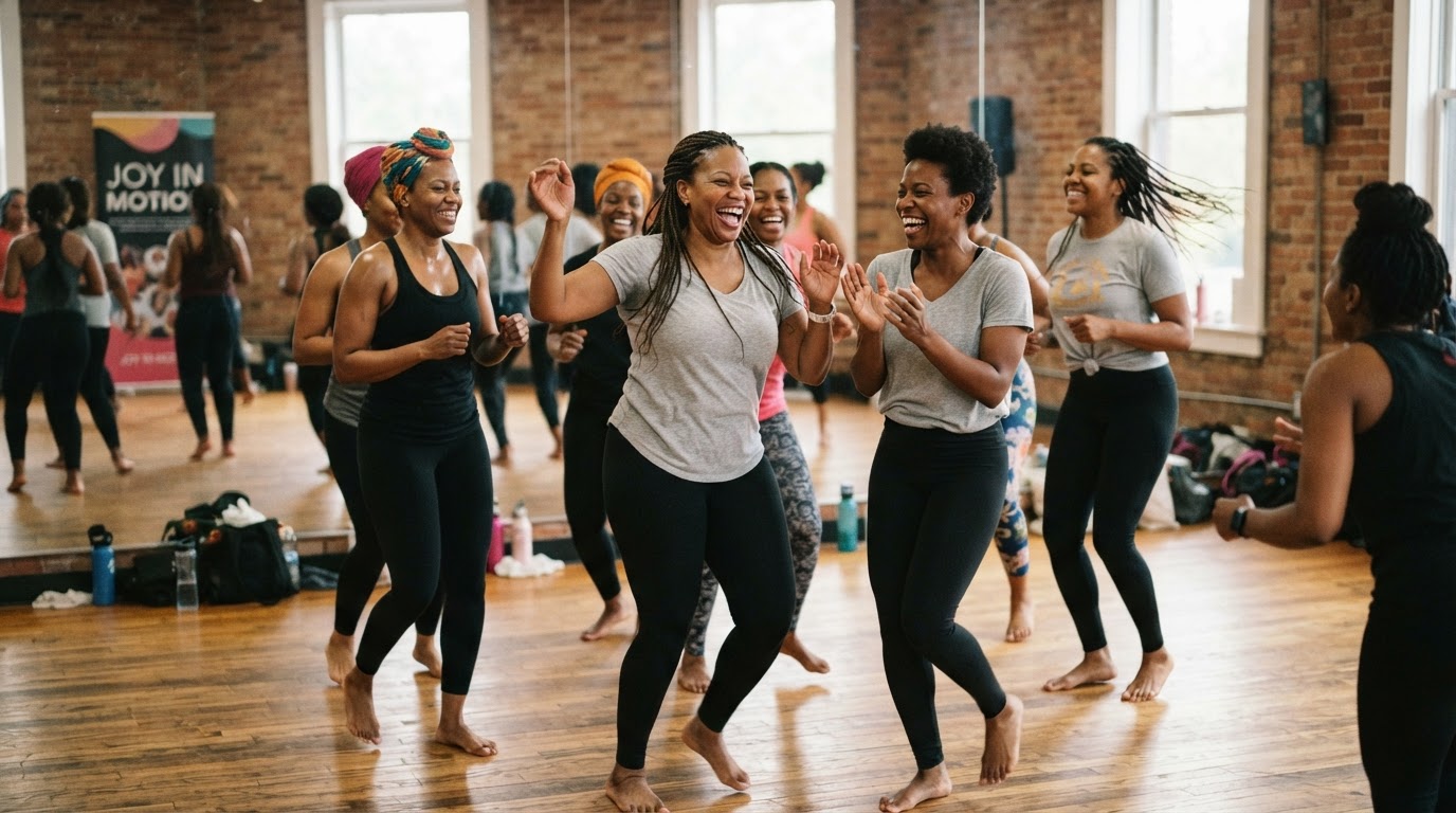 Black women taking a dance class together, laughing mid-motion.