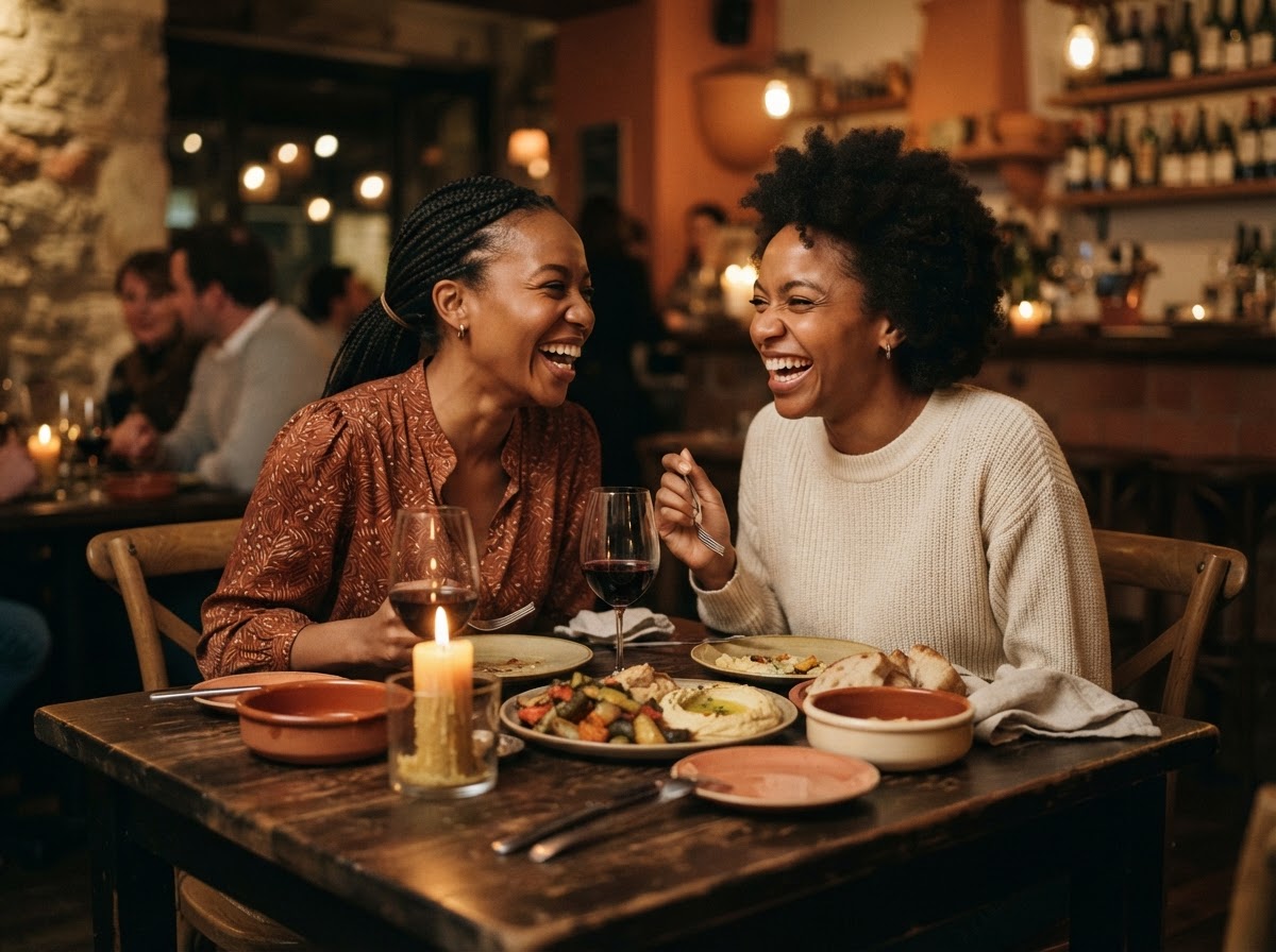 Two Black women laughing together over a shared meal at a rustic table.
