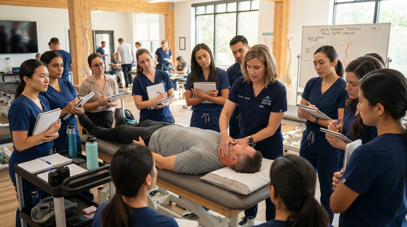 Dr. Lewis teaching hands-on physical therapy techniques in a clinical workshop