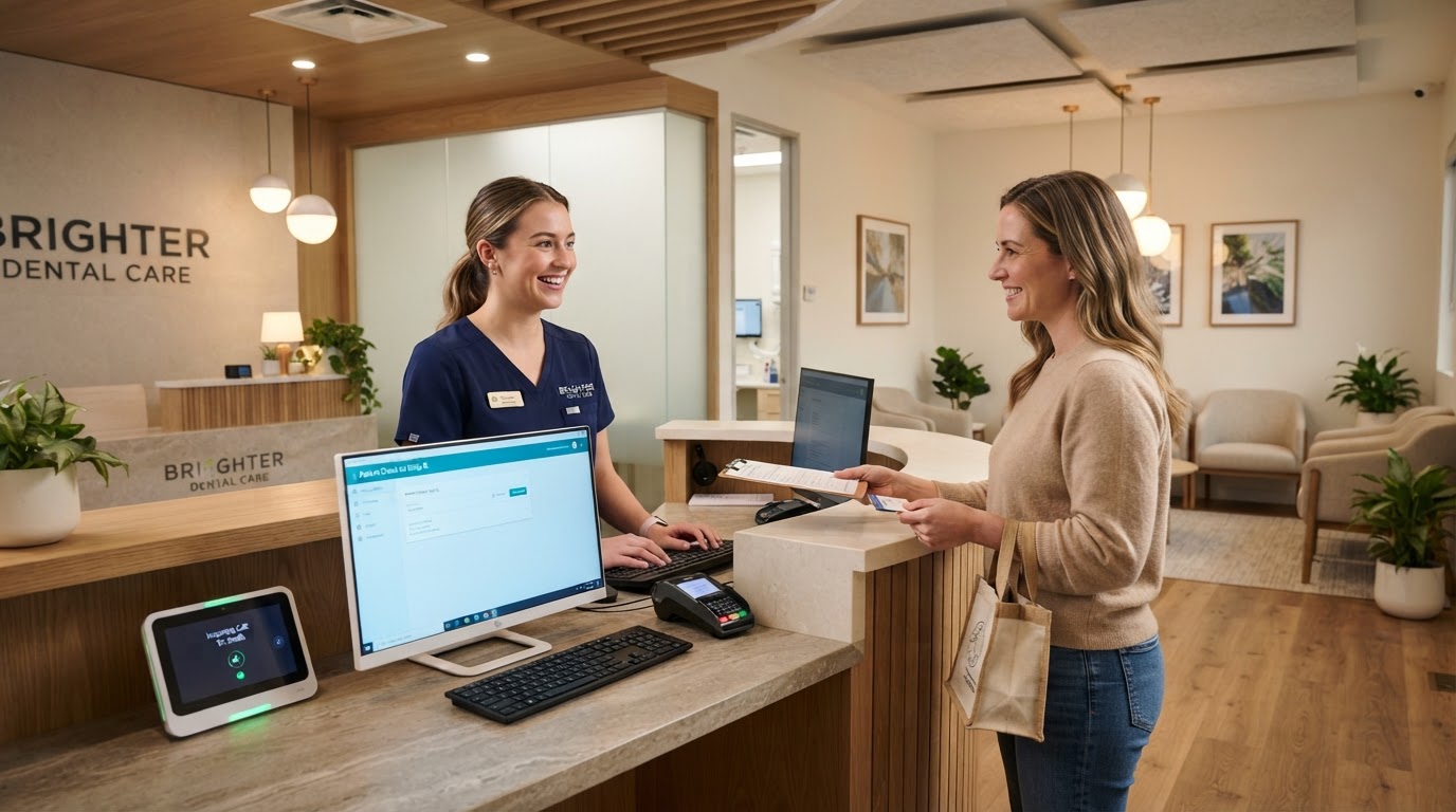 Dental front desk receptionist supported by technology