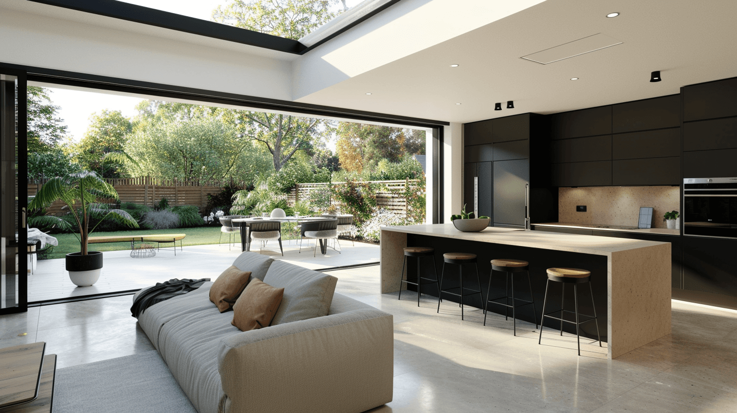 Open plan kitchen extension with concrete island, skylight and full width glass doors onto a garden terrace