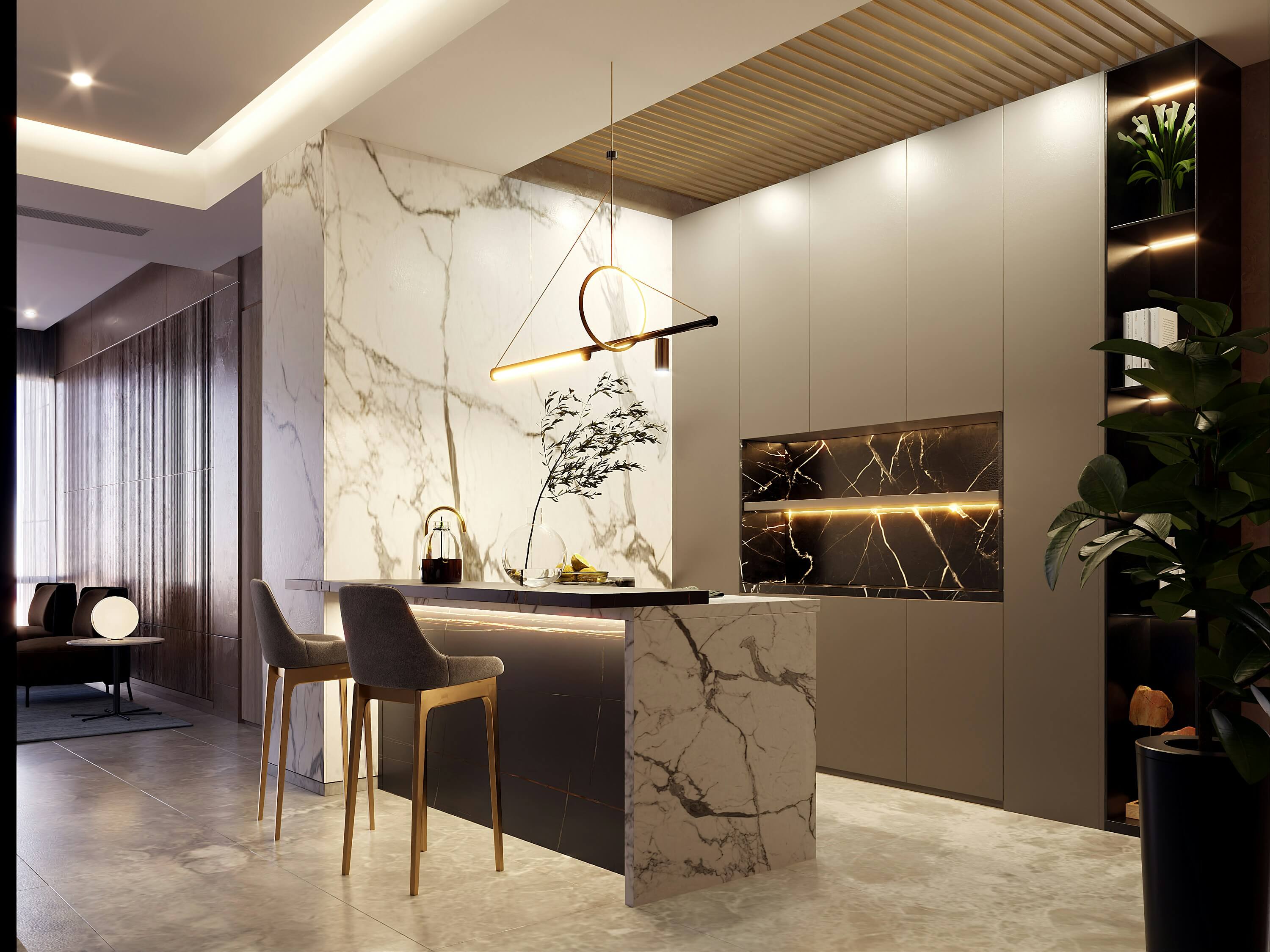 Custom marble breakfast bar with integrated ambient lighting