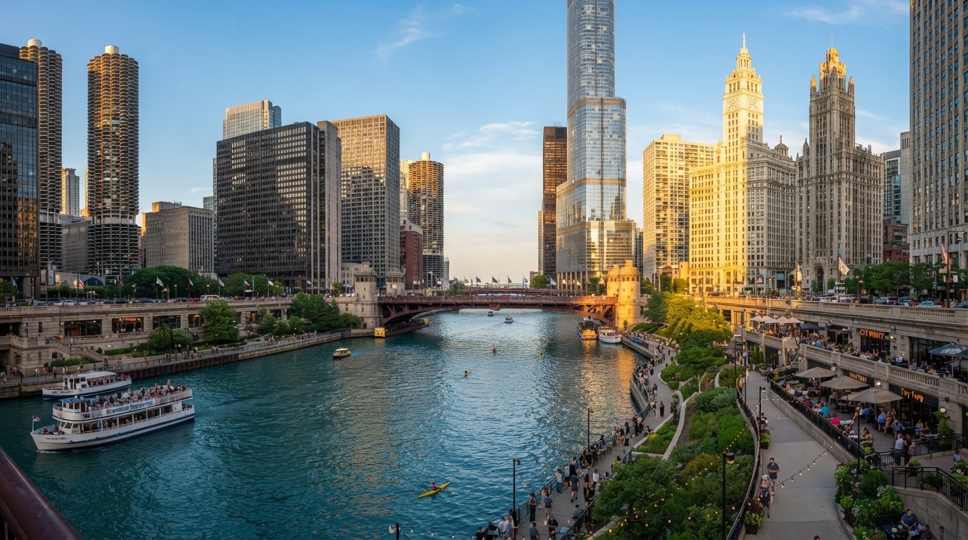 Warm summer sun over the Chicago riverfront and bridges