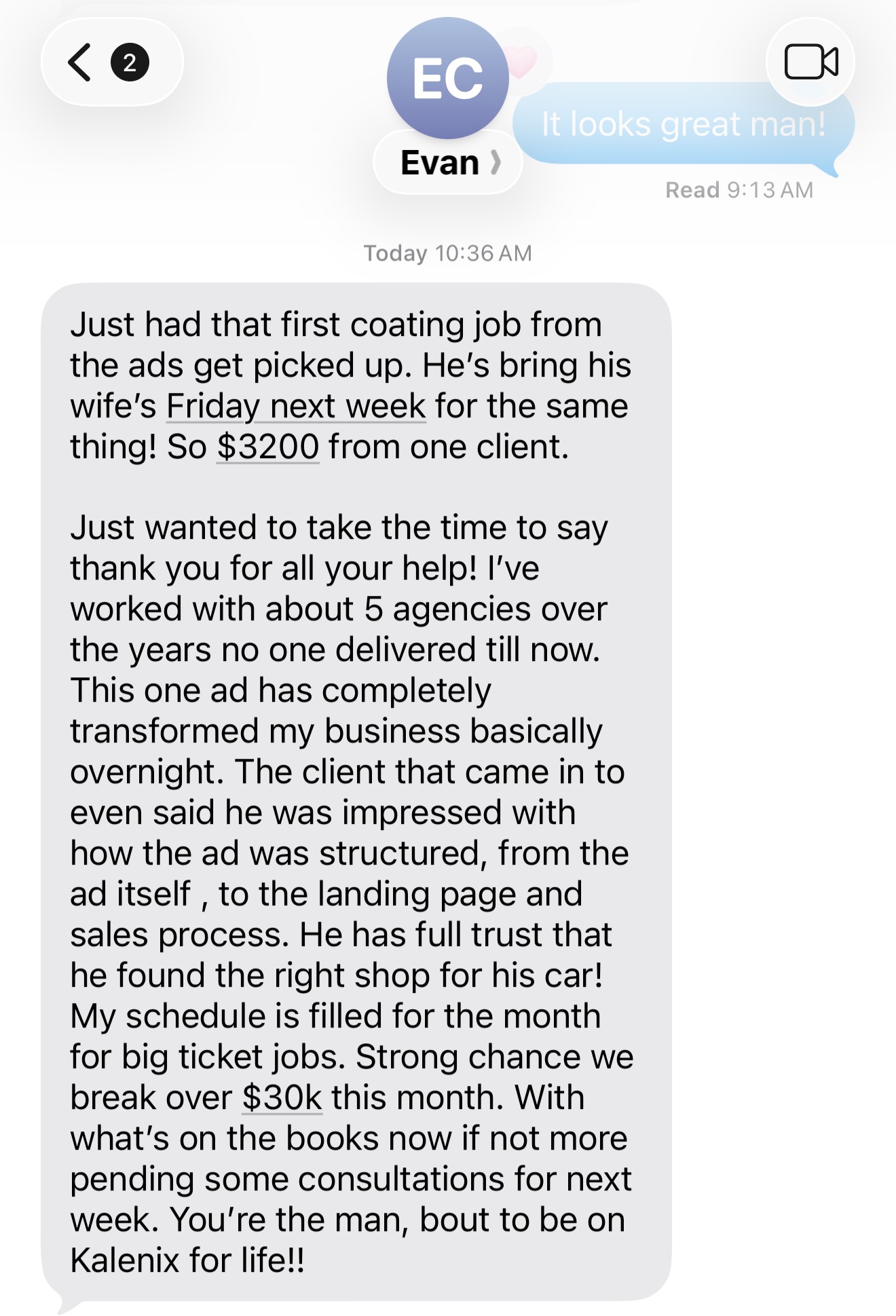 Evan C. • $30k Month Pace & Repeat Client