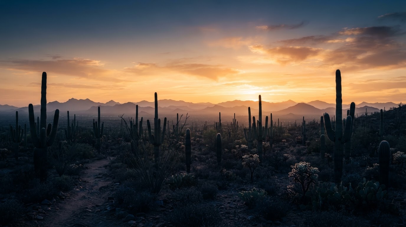 Arizona desert sunrise over saguaro cactus silhouettes with a warm golden sky