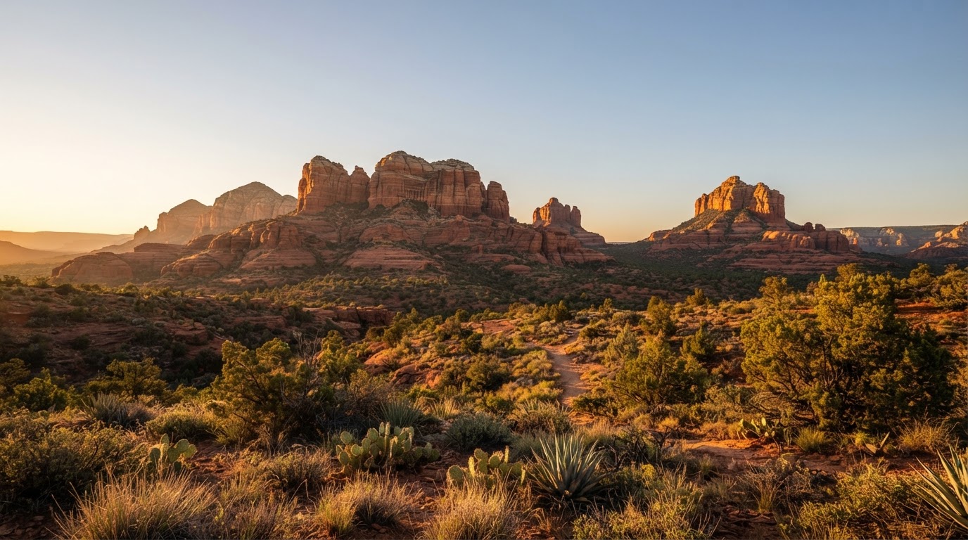 Sedona Arizona red rock formations at golden hour with warm terracotta mesas
