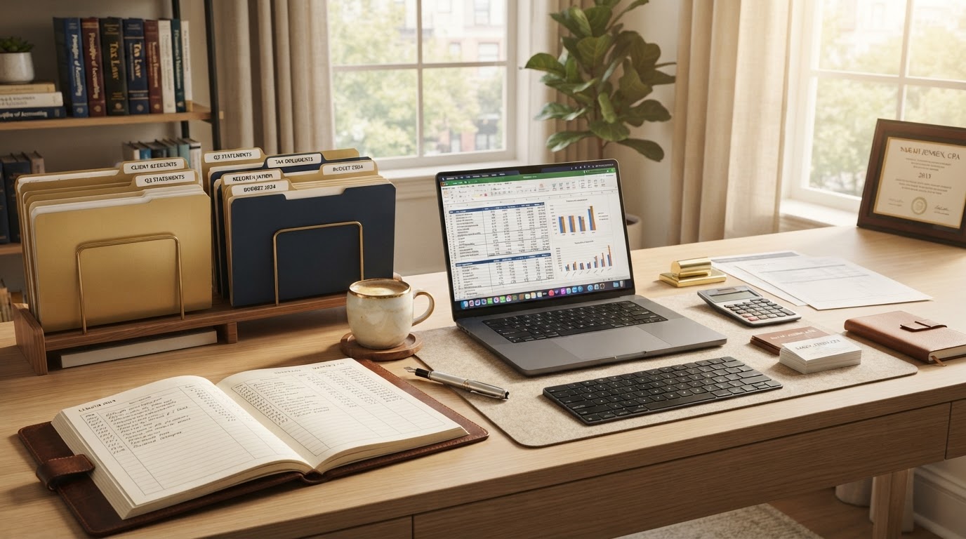 Neatly organized financial documents, laptop, and gold-tinted folders on a clean desk