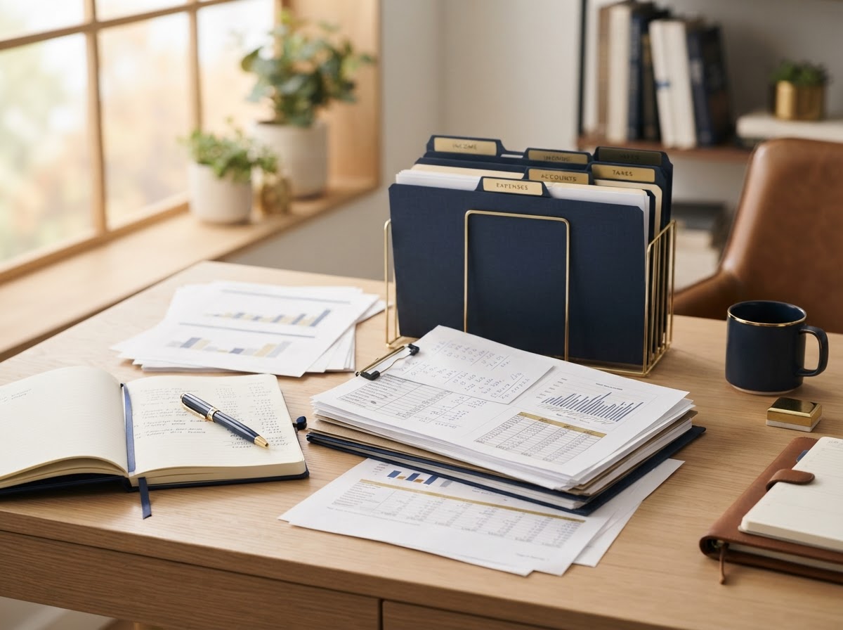 Organized bookkeeping records and financial folders neatly arranged on a desk