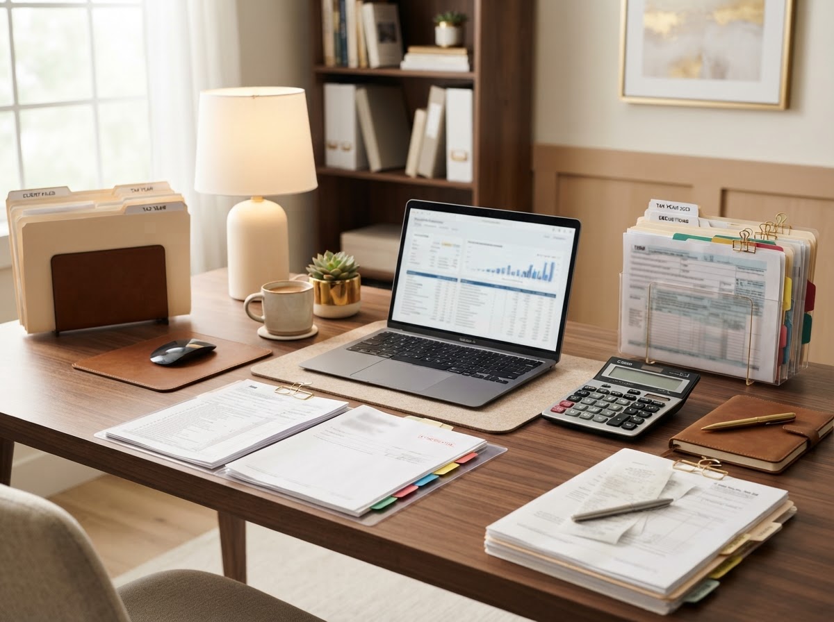 Professional tax preparation desk with organized financial documents and a calculator