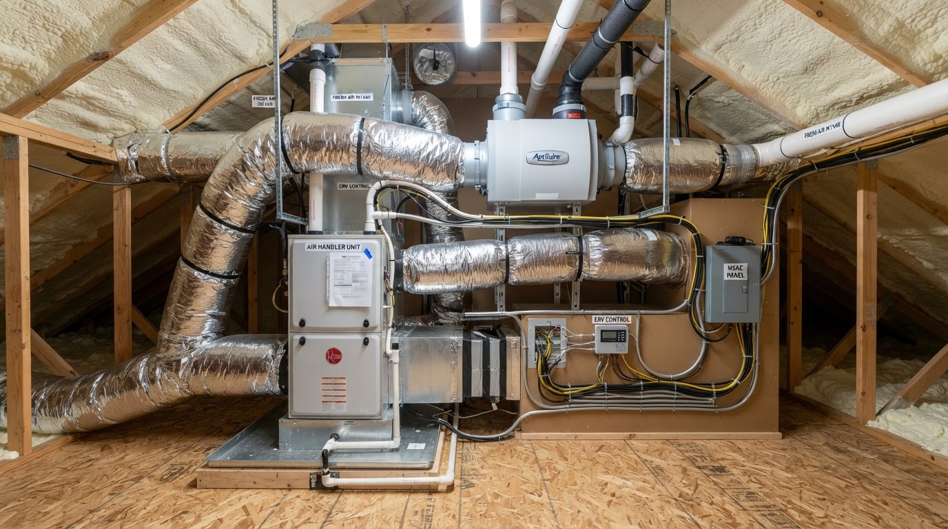 Whole-home ventilation and ERV system installed in a Pearland-area residential attic
