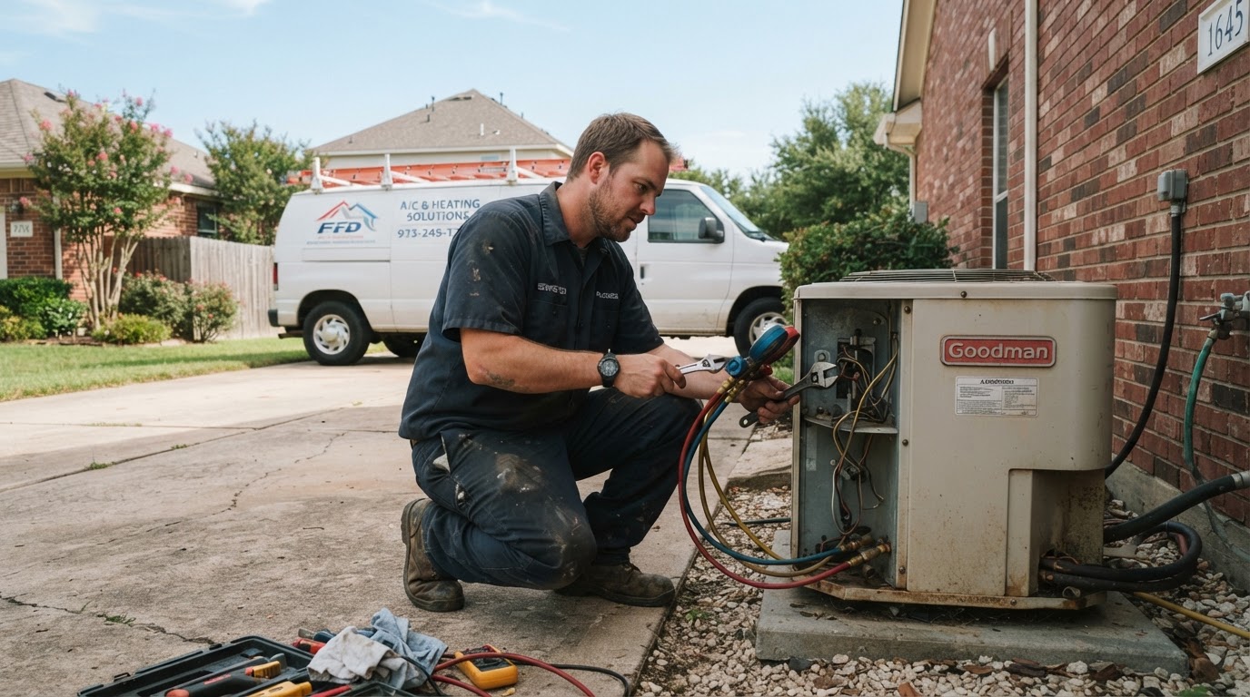 HVAC technician servicing an outdoor air conditioning unit at a Pearland-area home