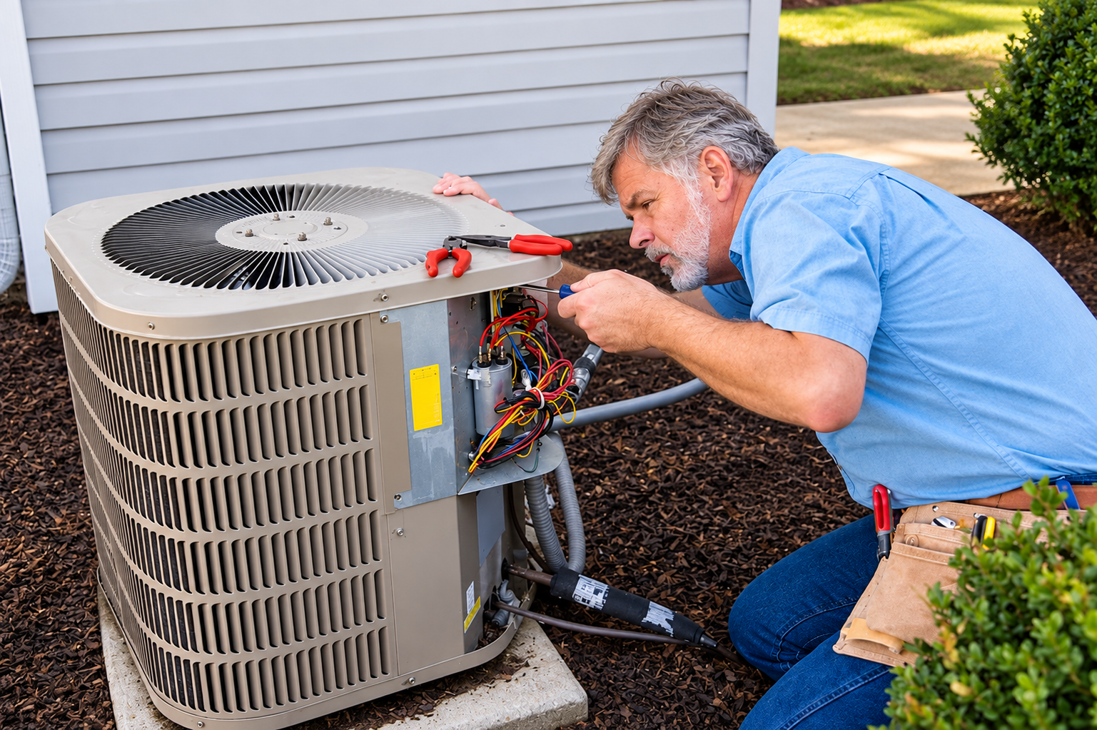 Technician servicing residential air conditioning unit