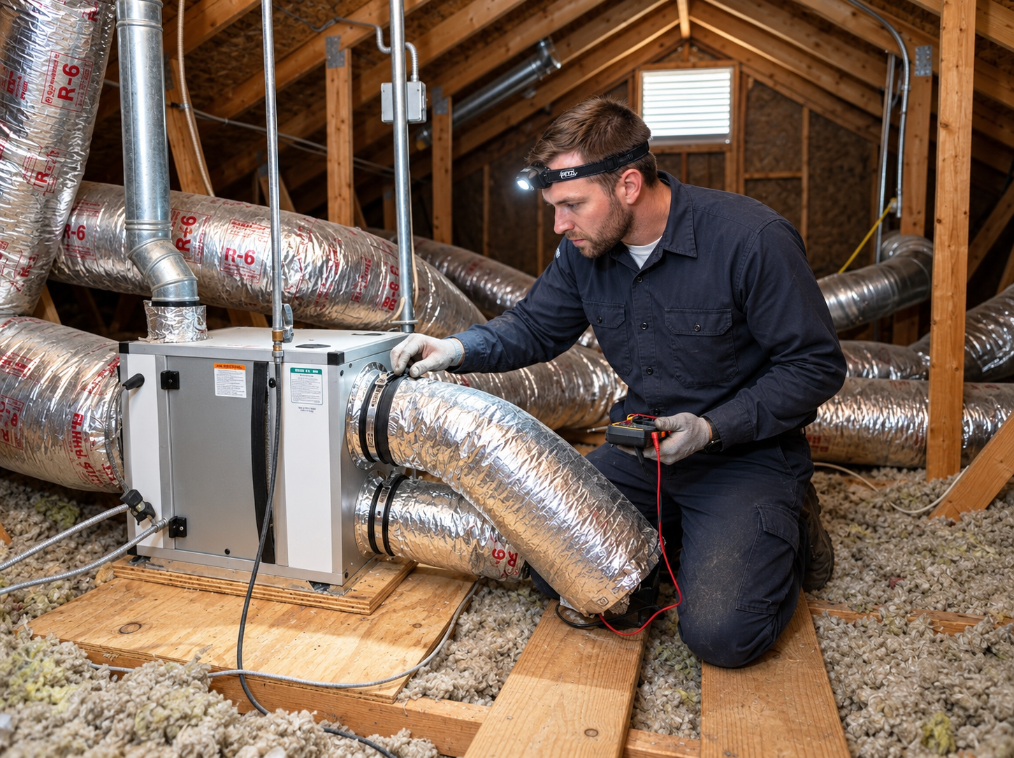 My Pearland HVAC technician servicing a whole-home ducted dehumidifier system