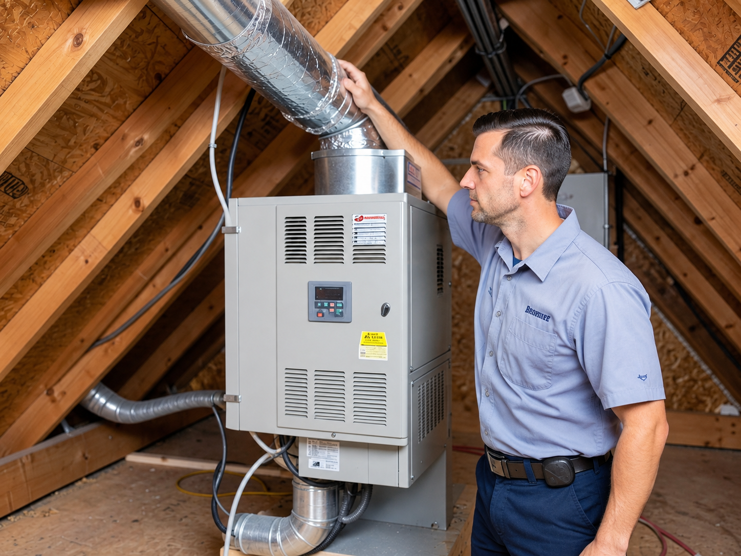 HVAC technician inspecting residential whole-home ventilation equipment in attic