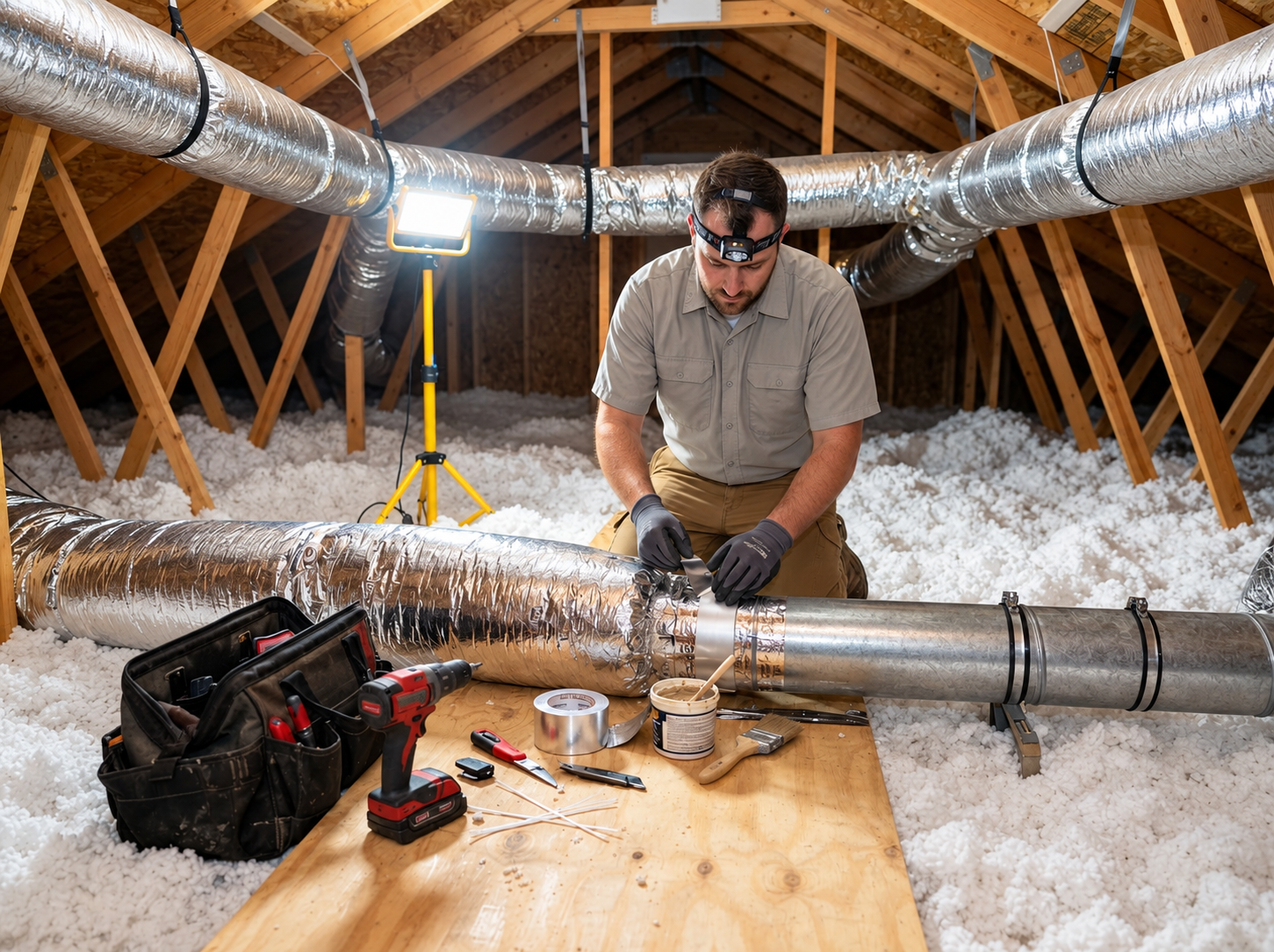 My Pearland HVAC technician inspecting and sealing residential flexible ductwork in an attic
