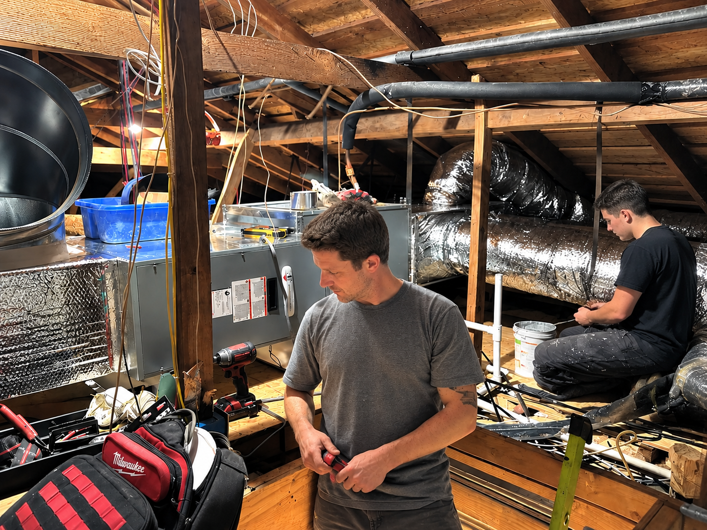 HVAC technician servicing a residential heating system at a Pearland-area home