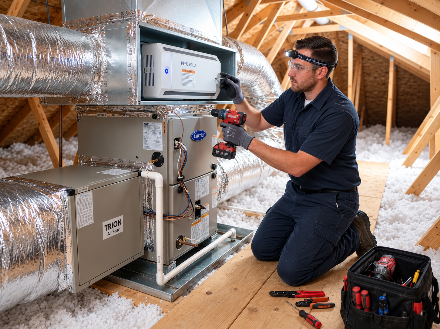 My Pearland HVAC technician installing a whole-house in-duct air purification system