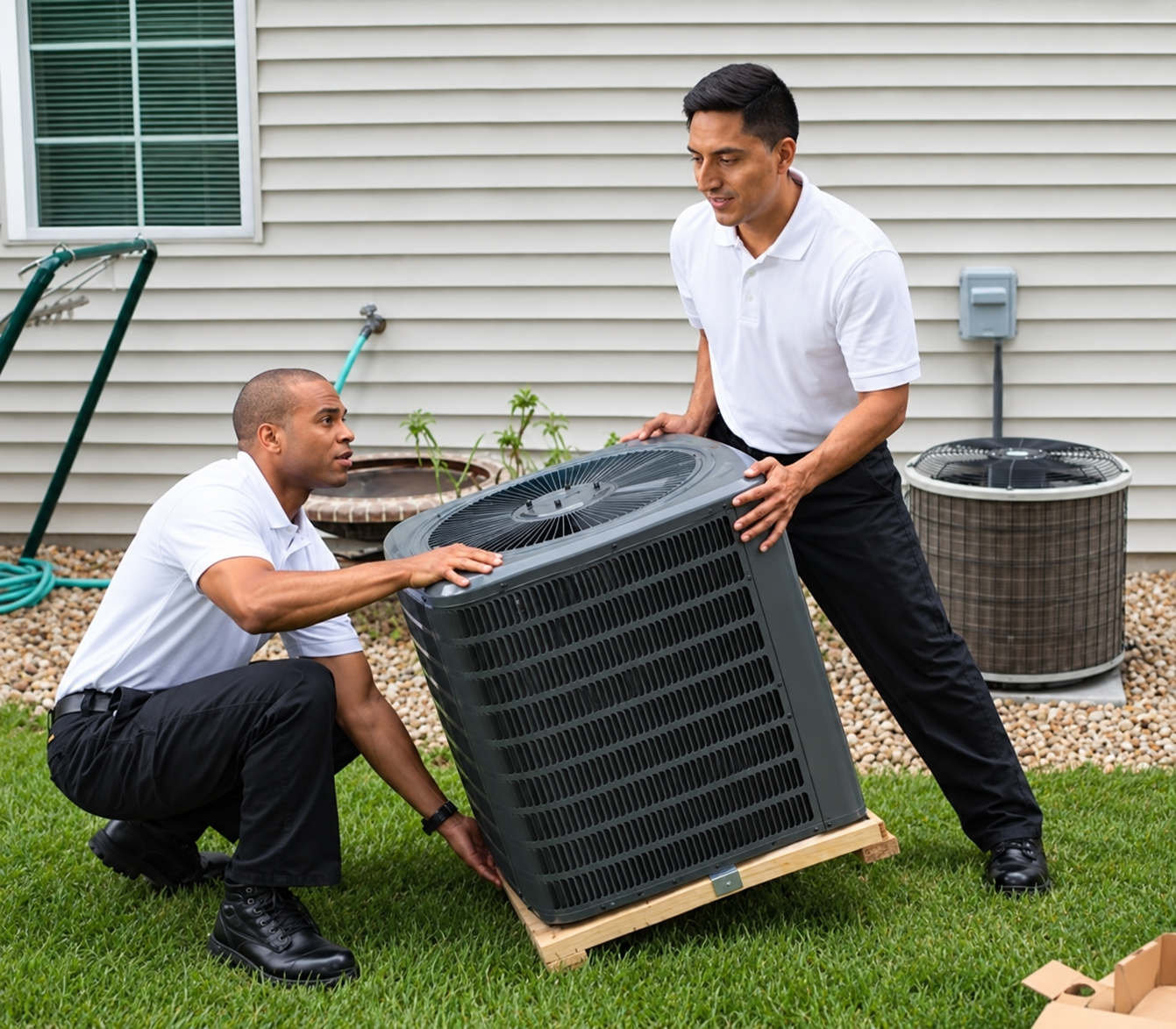 Two technicians installing a new outdoor air conditioning unit