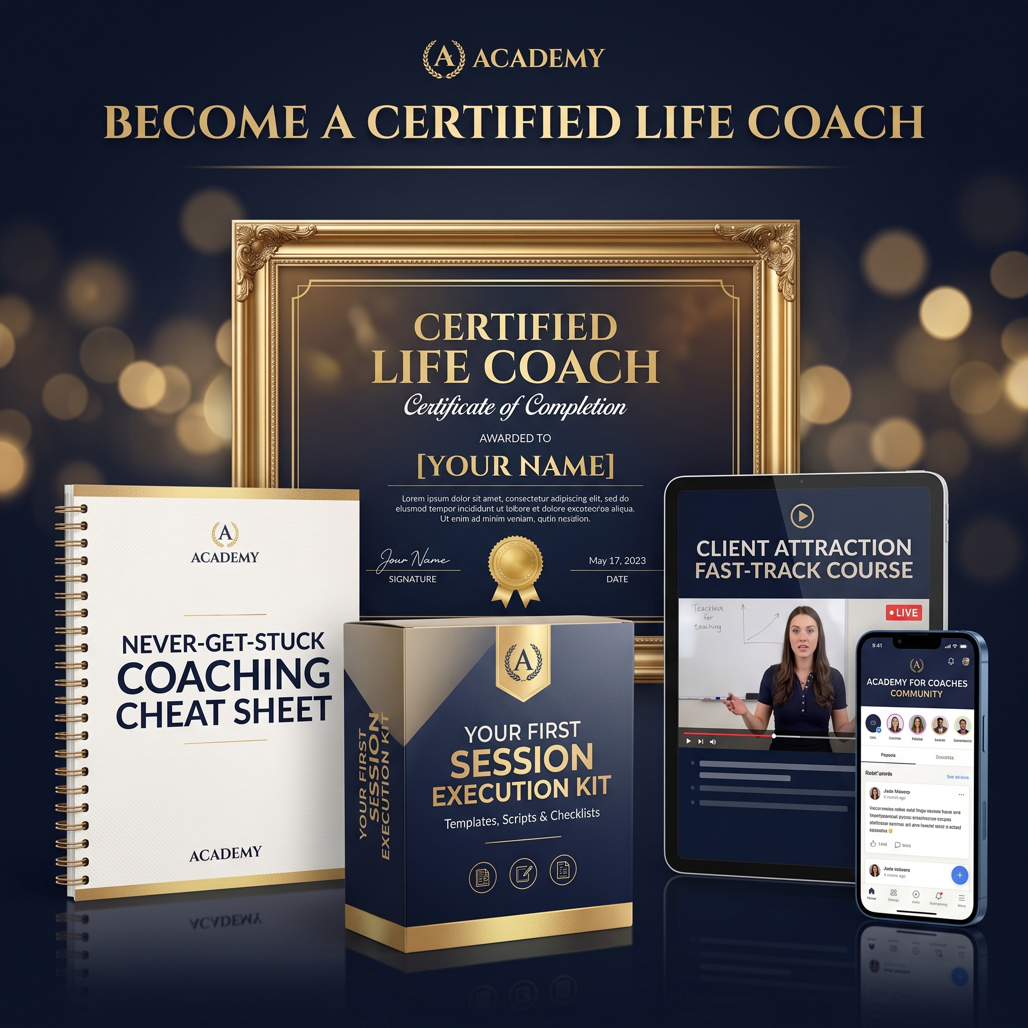 The complete Coach Launch Bundle — 6-Hour Live Certification Masterclass, Verified Certificate of Completion, Client Attraction Fast-Track Course, 501 Powerful Coaching Questions Toolkit, Your First Session Execution Kit, and Private Coach Community Access