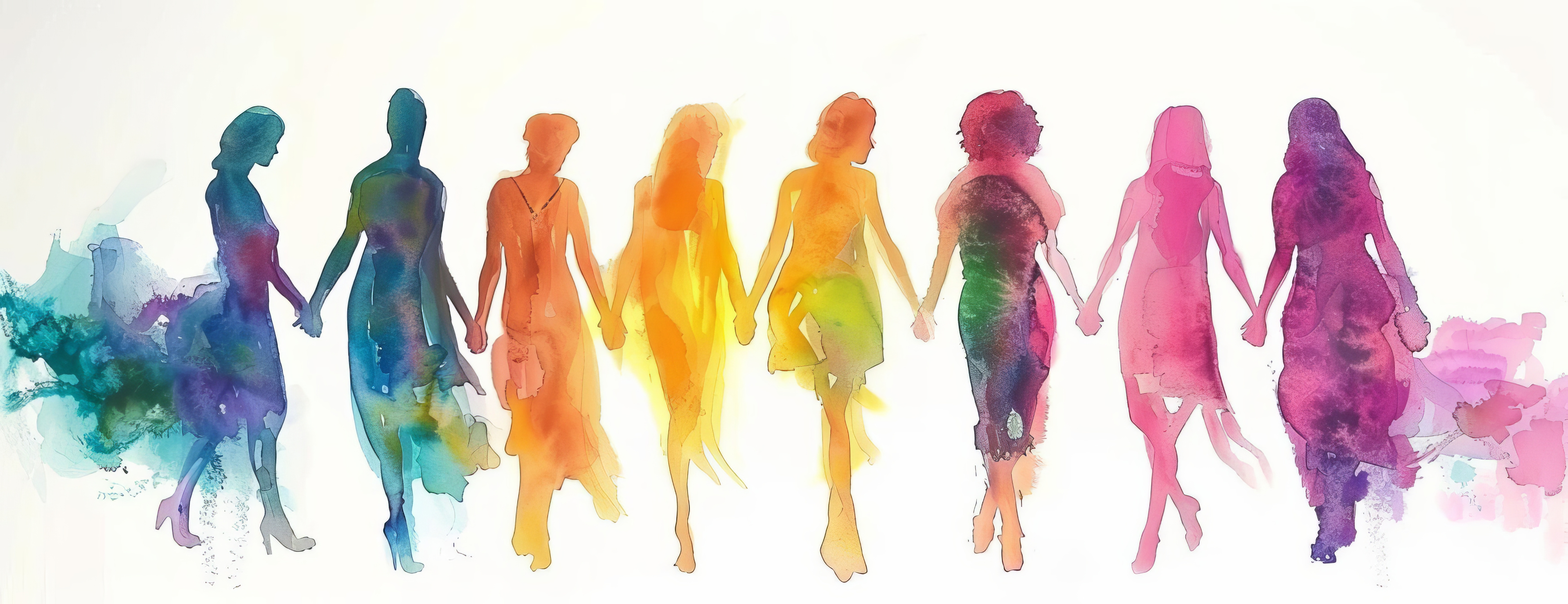 Diverse women standing together hand in hand watercolor