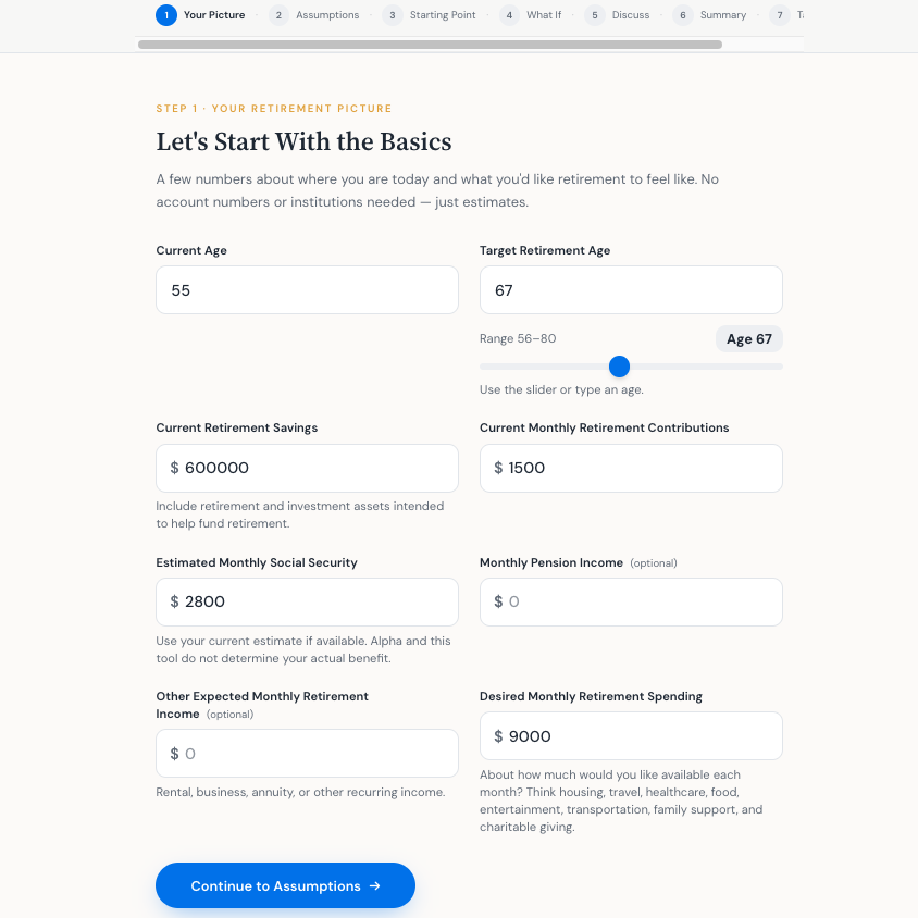 Retirement Planning Tool — Financial Services interactive app screenshot