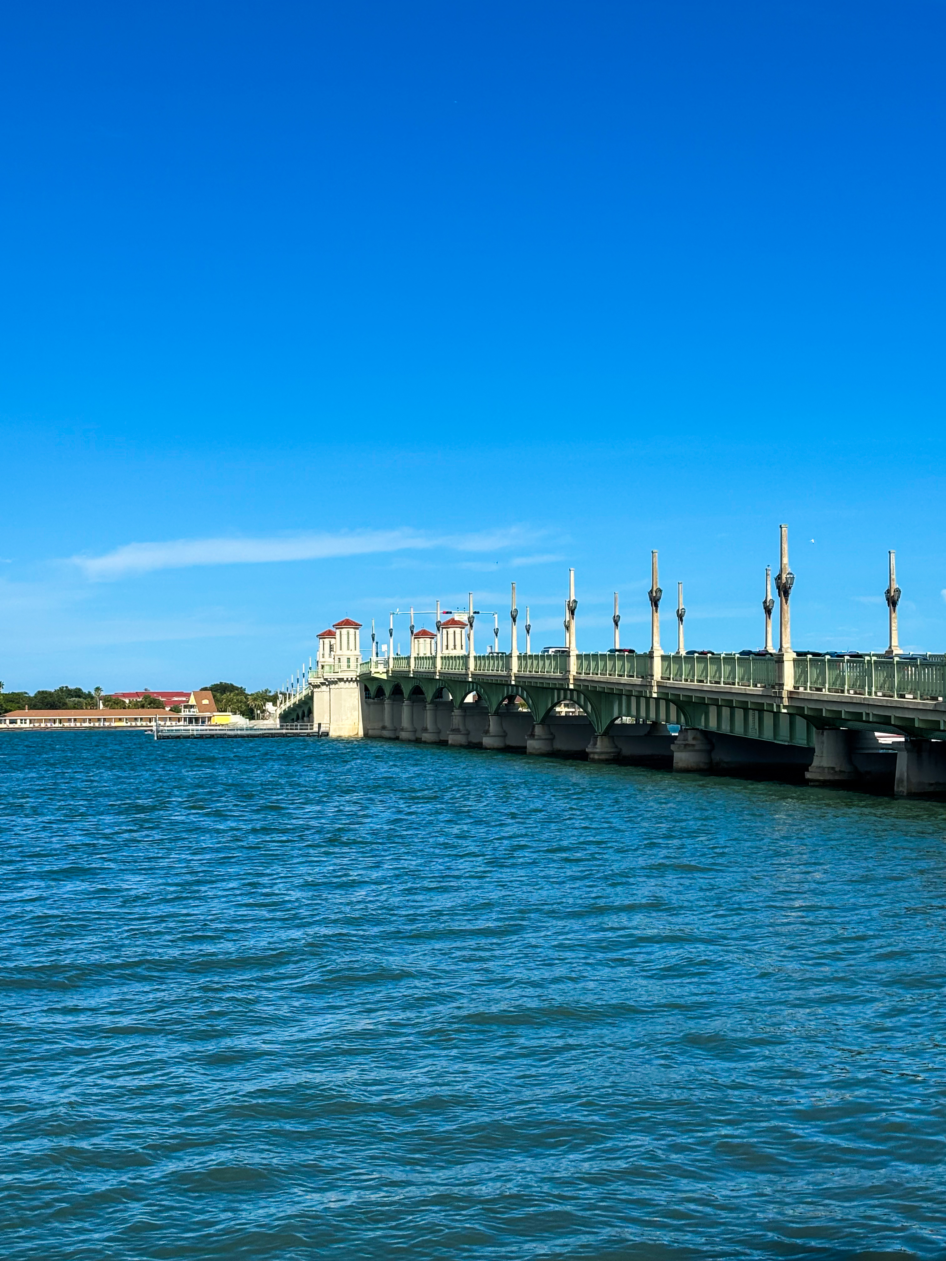 Bridge of Lions architectural arches and blue coastal waters in St. Augustine, Florida