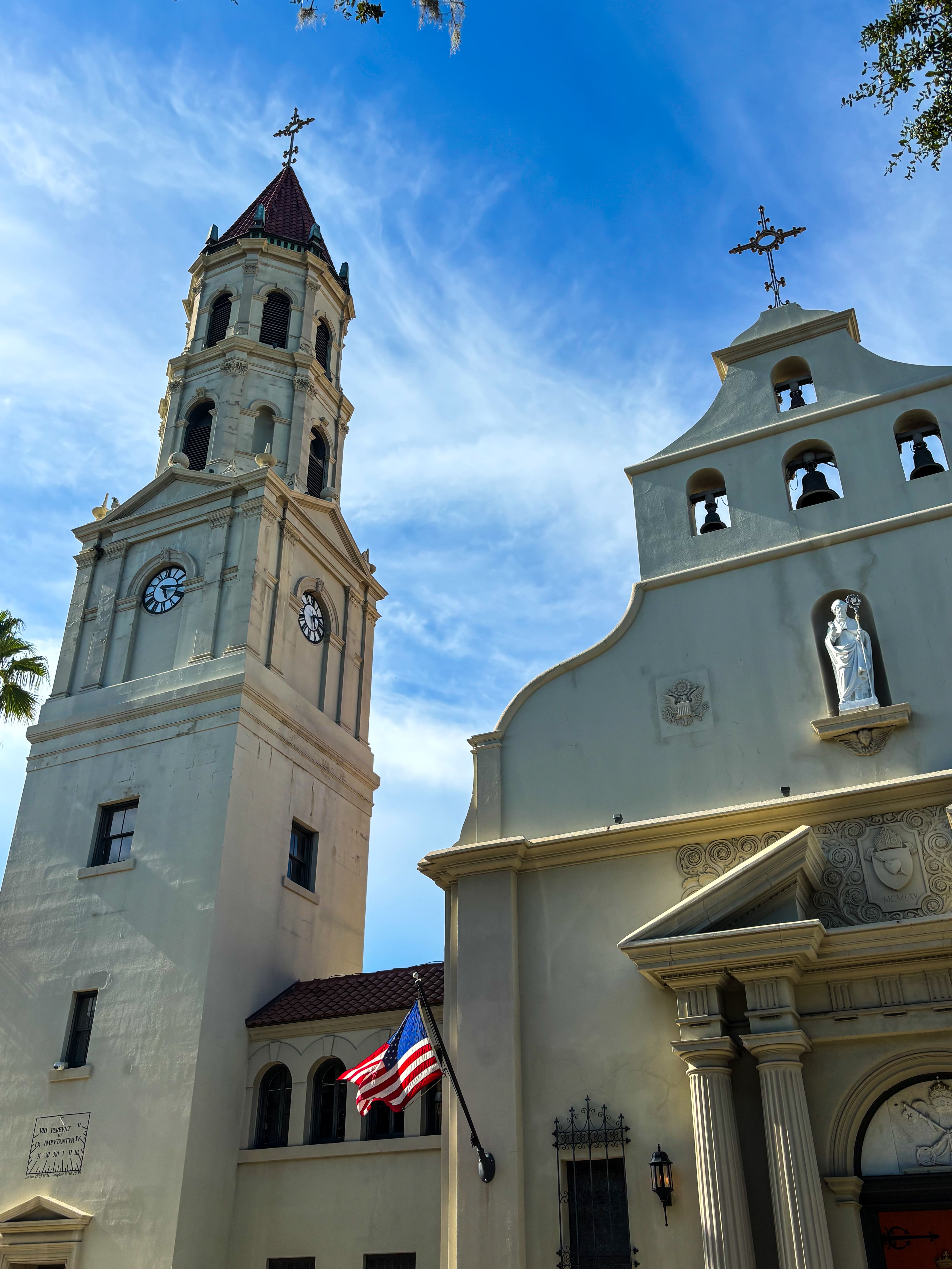 Cathedral Basilica of St. Augustine Spanish bell tower and historic facade against blue skies