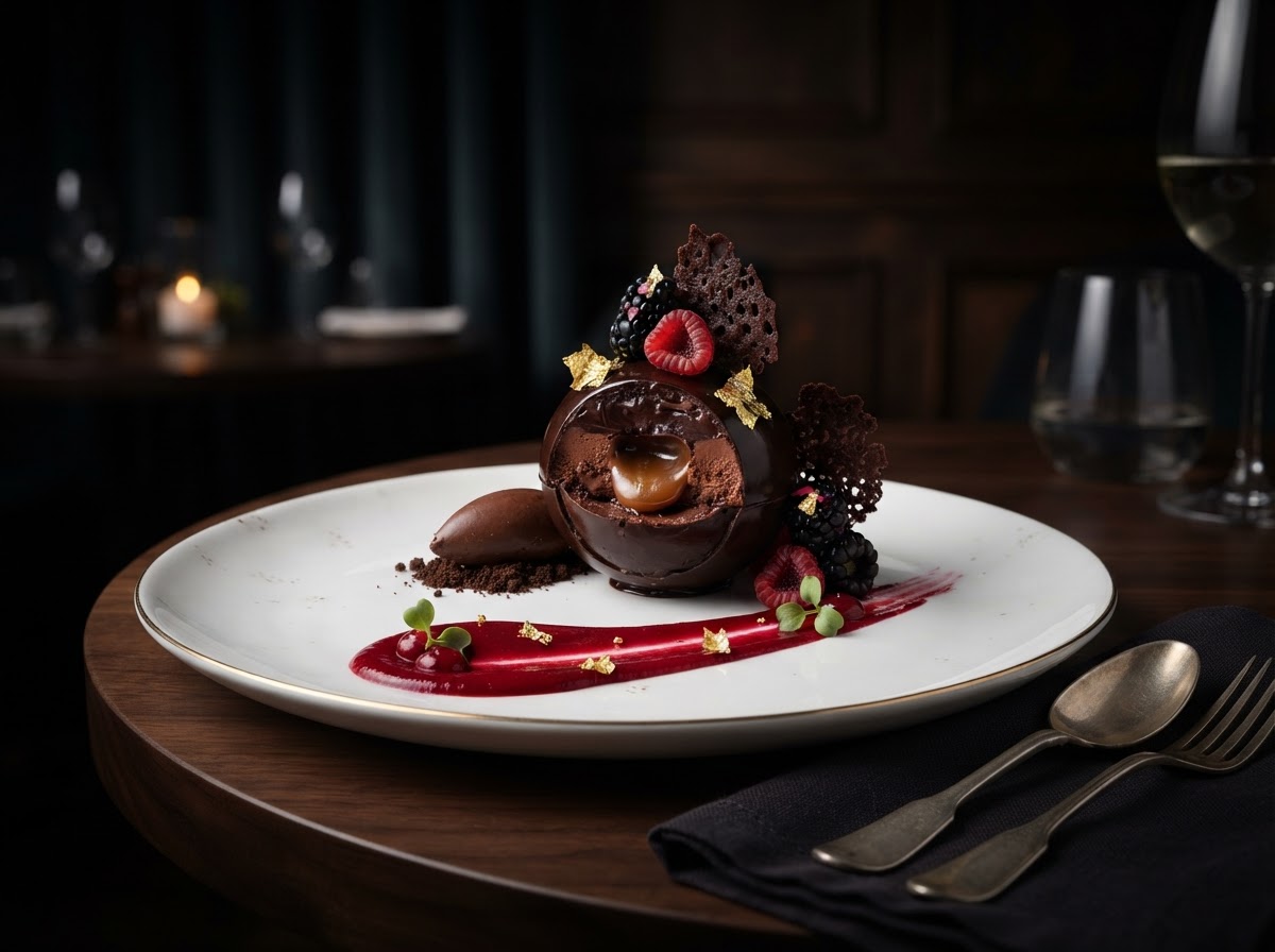 Fine dining plated dessert with chocolate ganache, edible gold leaf, and berry coulis art